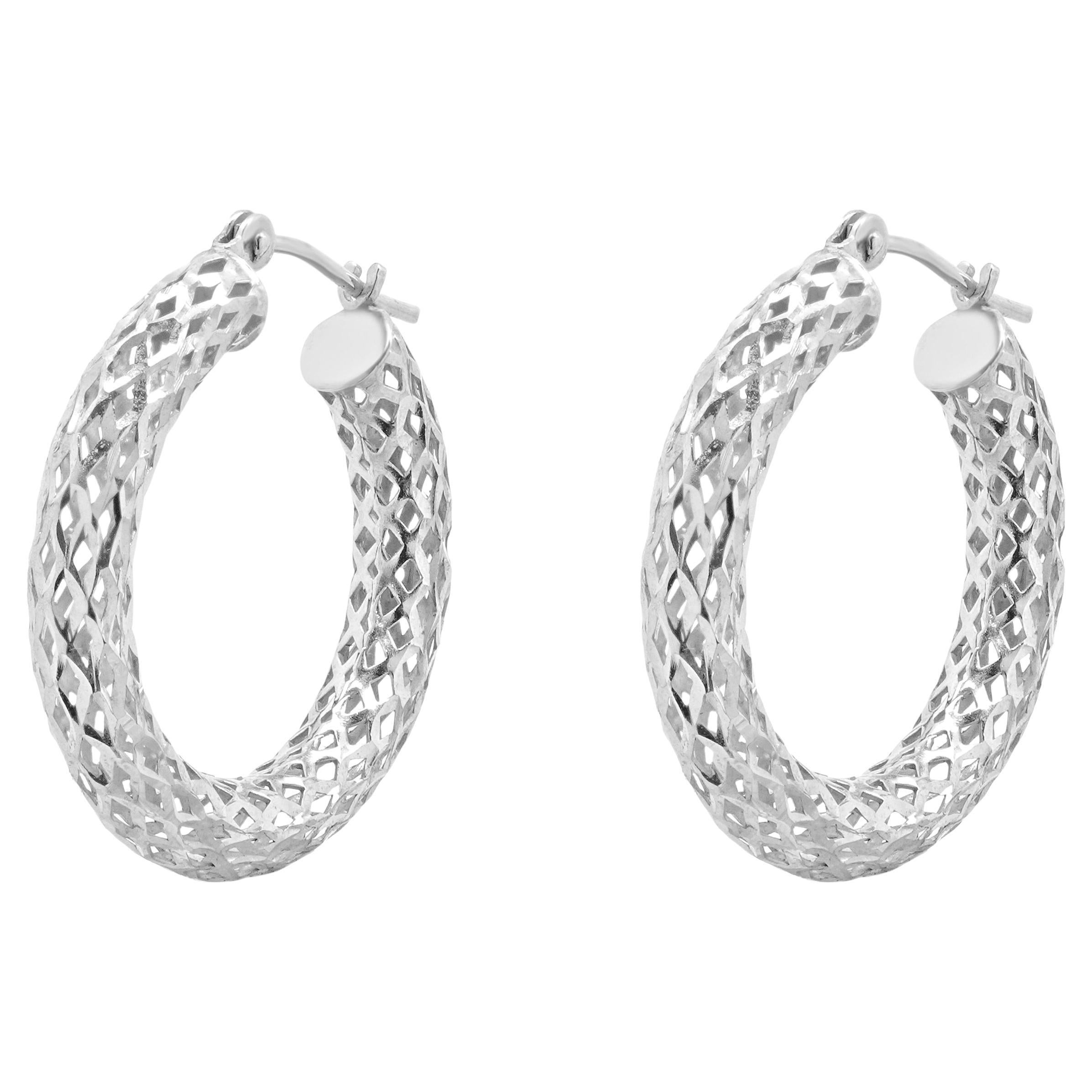 14 Karat White Gold Textured 23.5MM Hoop Earrings For Sale