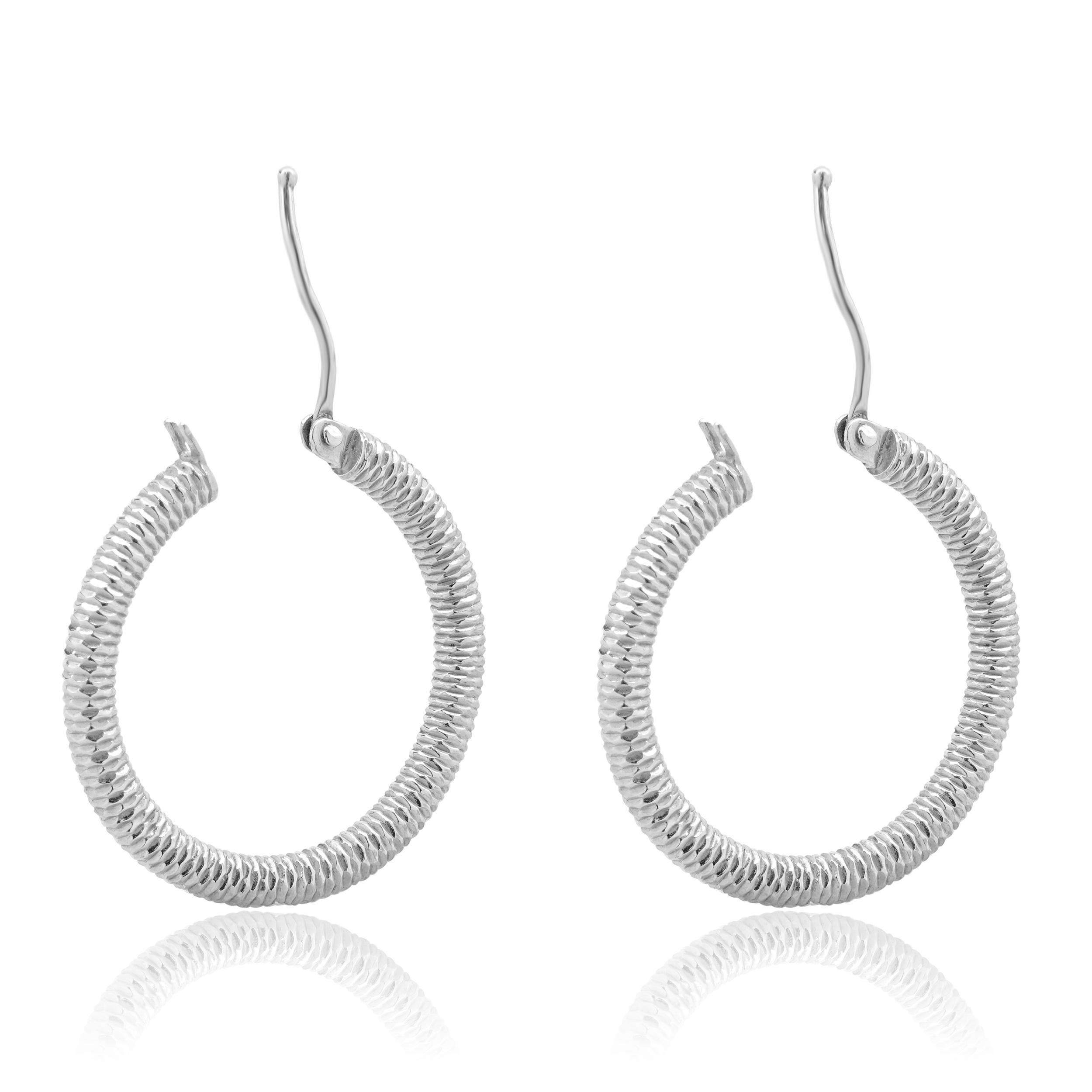 Women's 14 Karat White Gold Textured 25MM Hoop Earrings For Sale