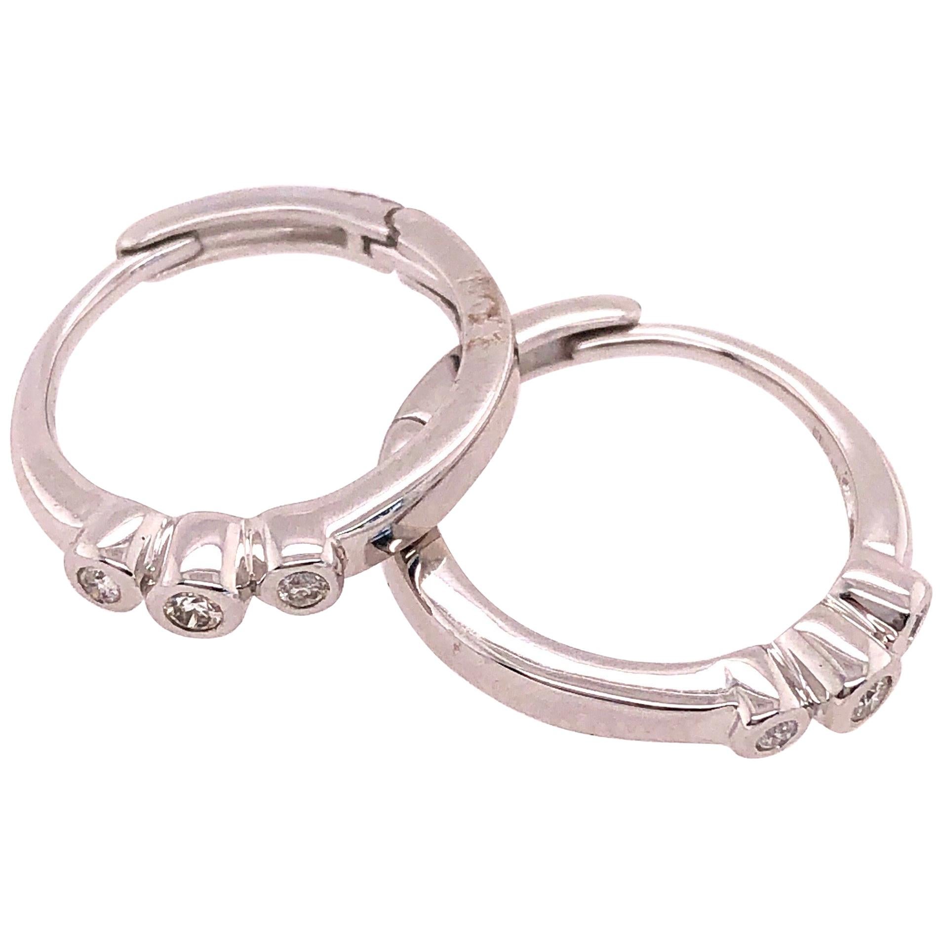 14 Karat White Gold Three Diamond Hoop Earrings For Sale