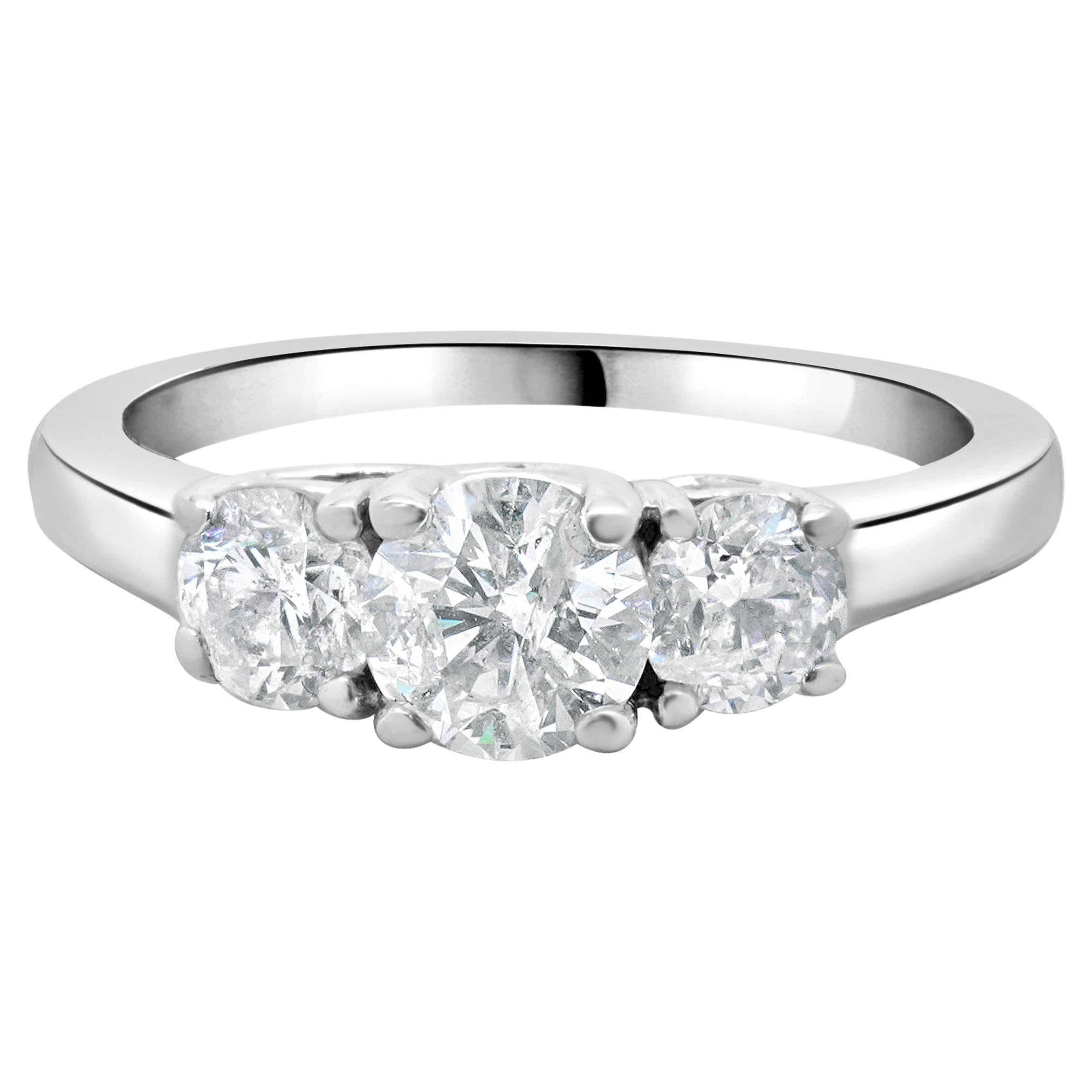 14 Karat White Gold Three Diamond Round Brilliant Cut Engagement Ring
