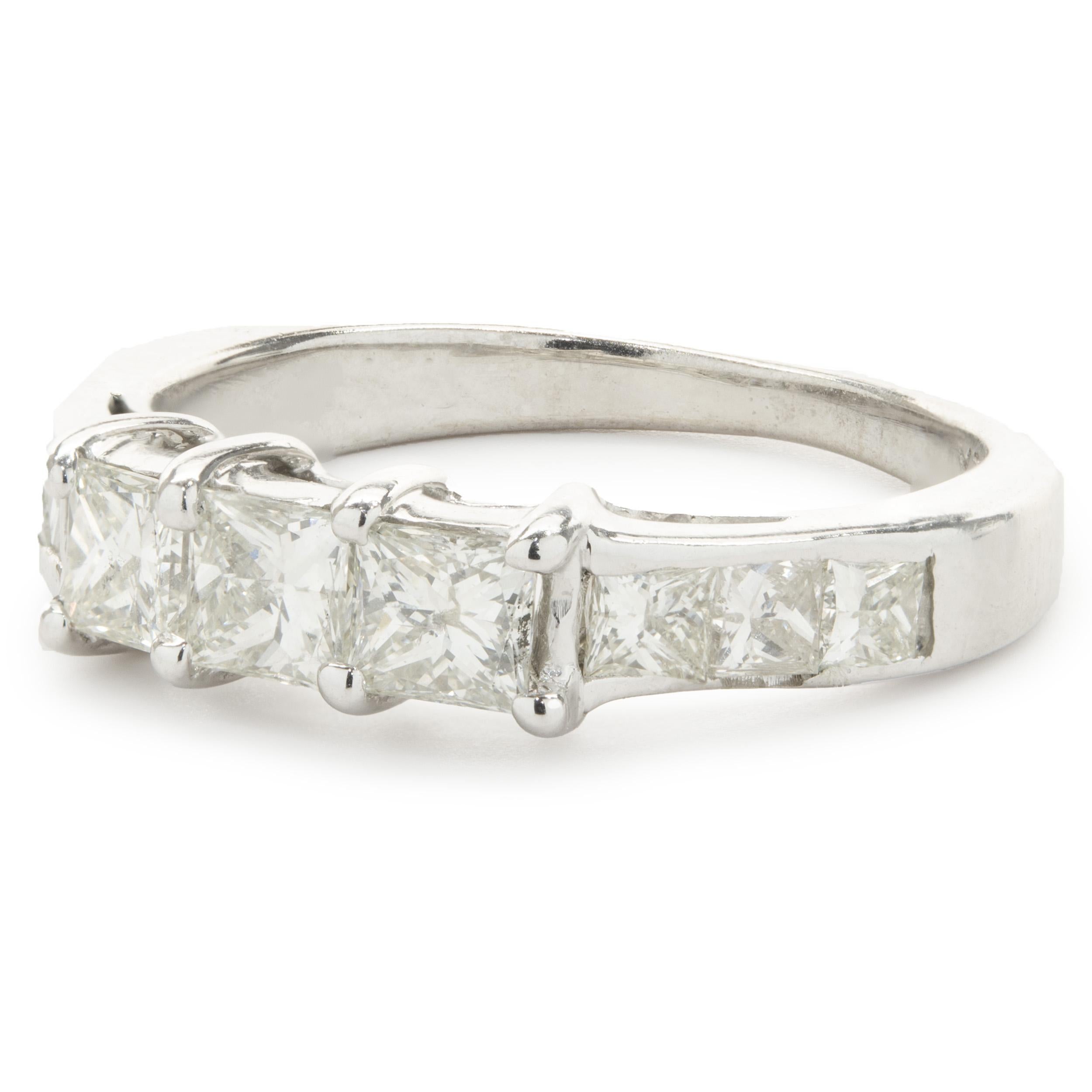 Women's 14 Karat White Gold Three Princess Cut Diamond Ring For Sale