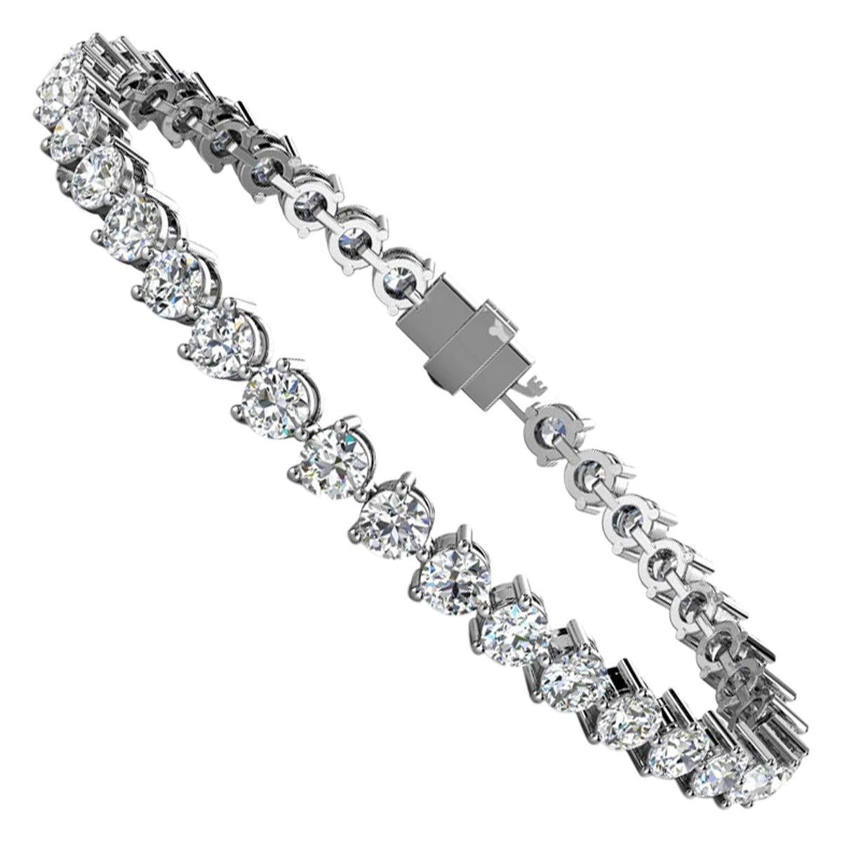 Bracelet tennis en or blanc 14 carats à trois griffes avec diamants de 8 carats