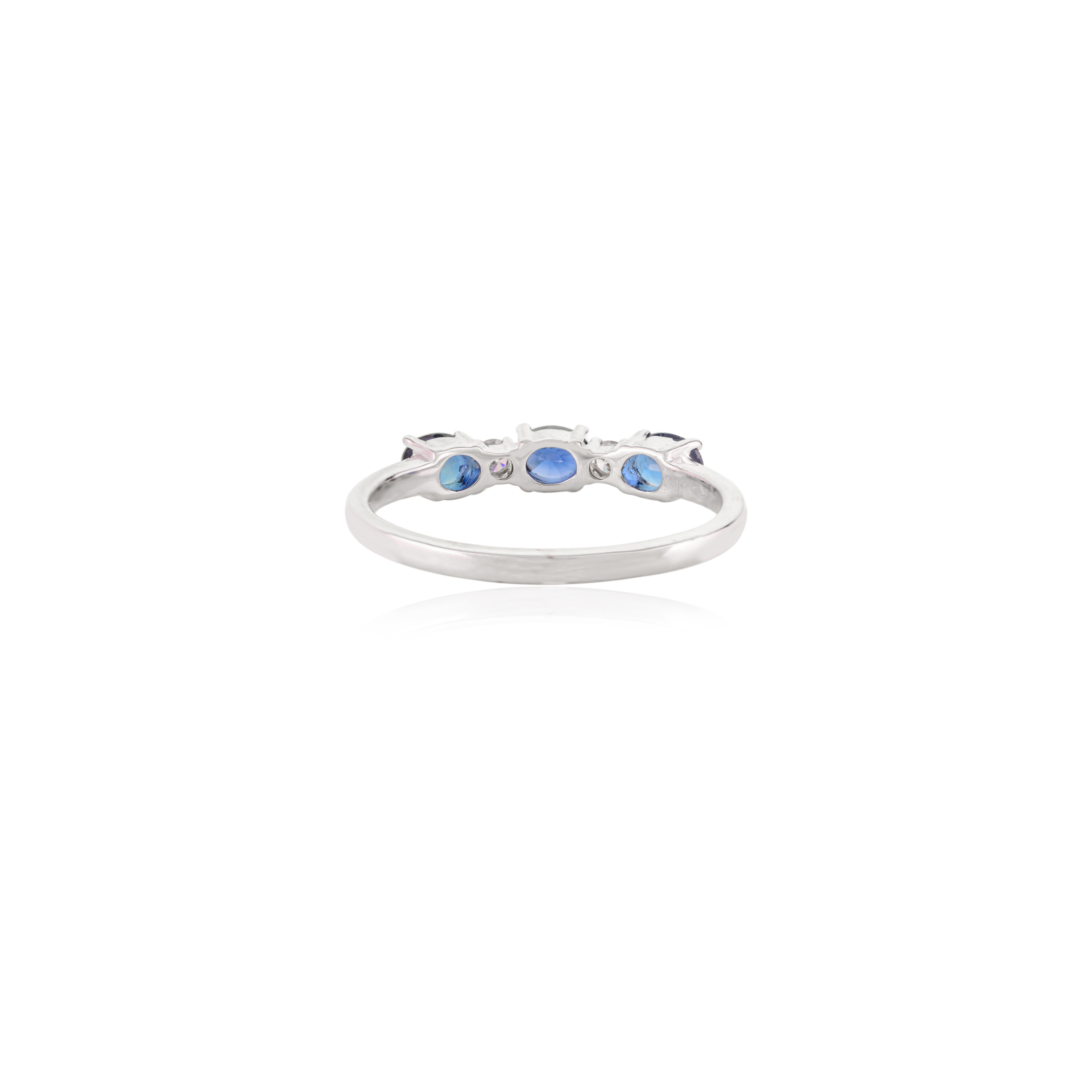 For Sale:  14 Karat White Gold Three Stone 0.78 CTW Blue Sapphire and Diamond Ring for Her 3