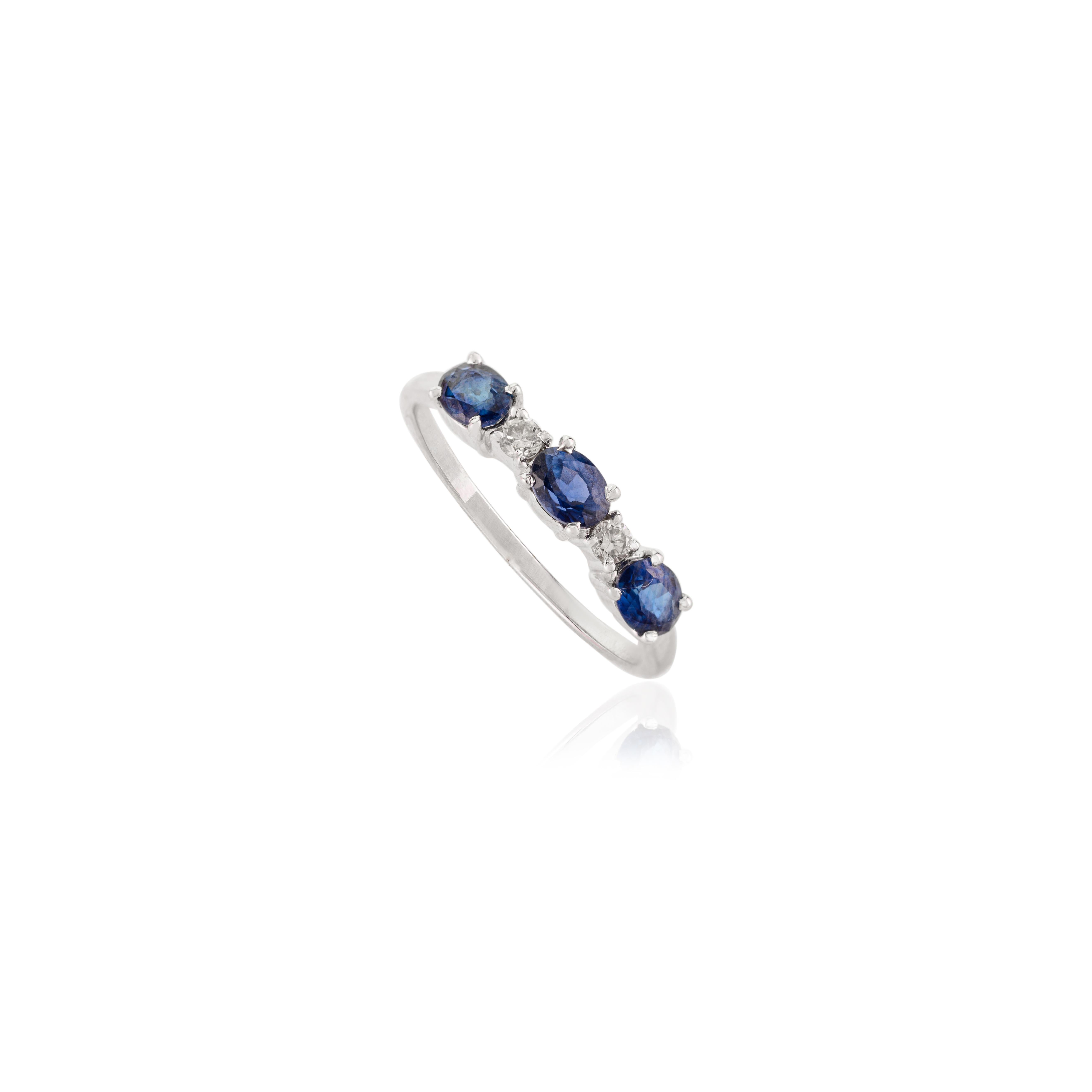 For Sale:  14 Karat White Gold Three Stone 0.78 CTW Blue Sapphire and Diamond Ring for Her 2