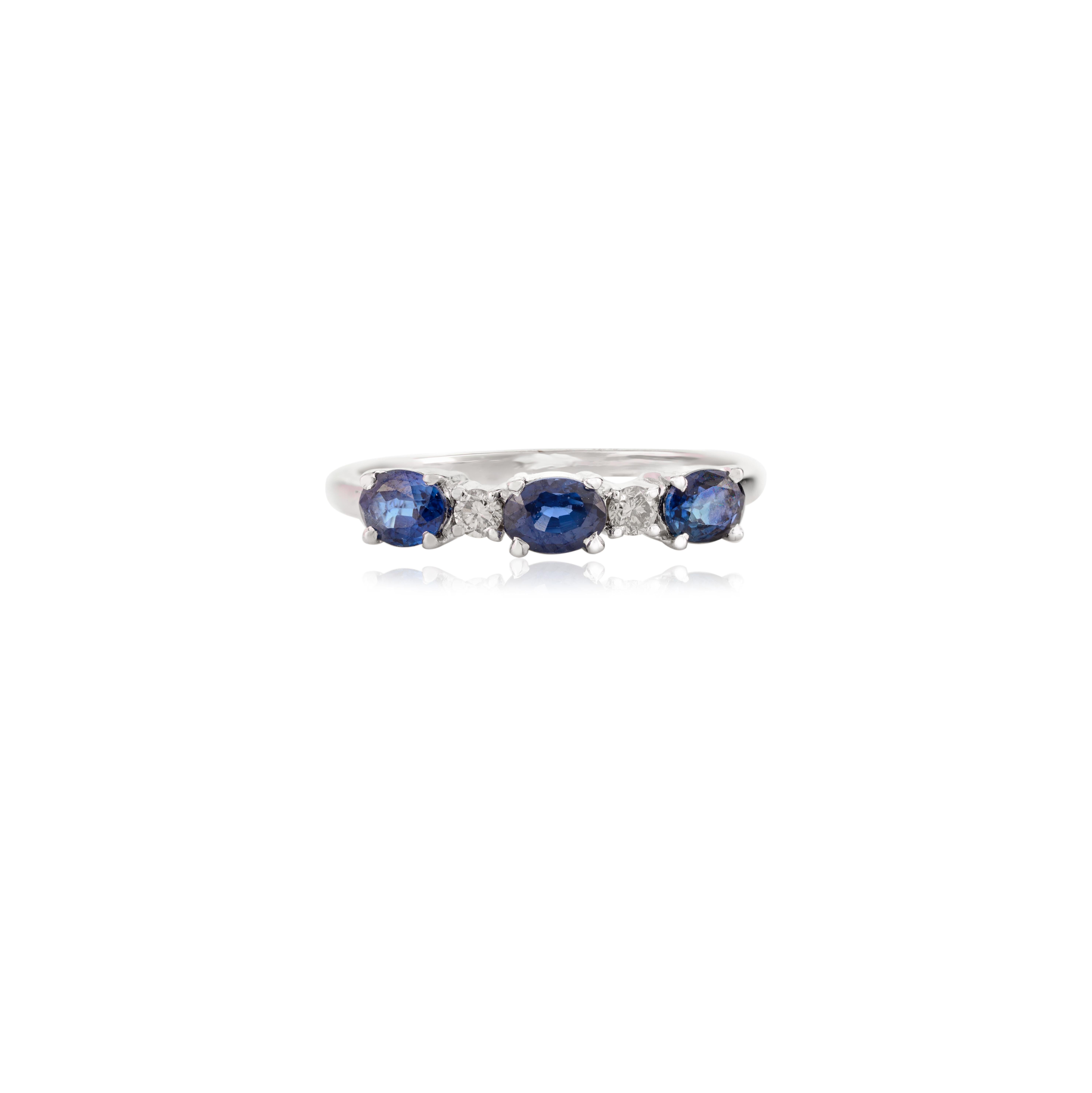 For Sale:  14 Karat White Gold Three Stone 0.78 CTW Blue Sapphire and Diamond Ring for Her 5