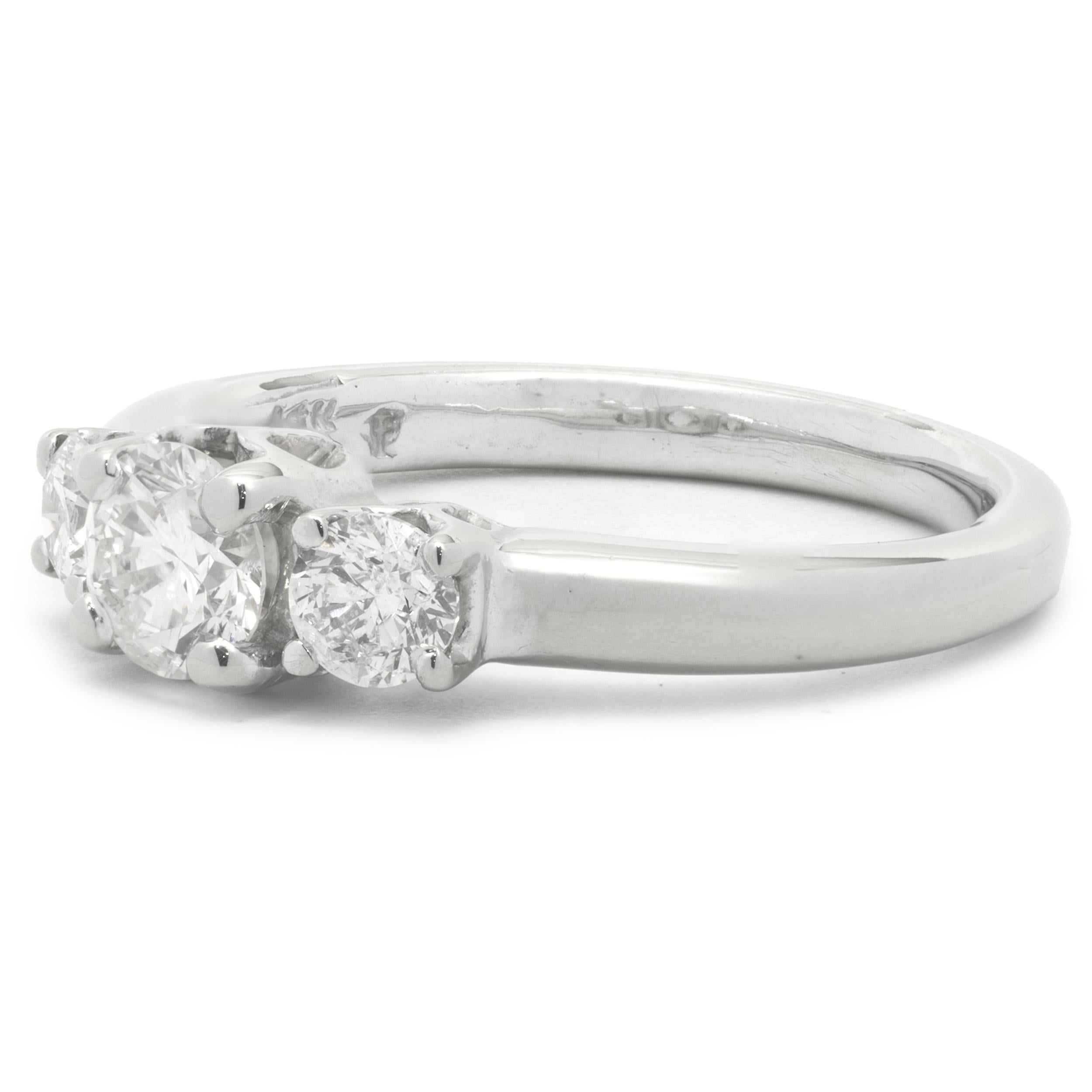 Round Cut 14 Karat White Gold Three Stone Round Brilliant Cut Diamond Engagement Ring For Sale