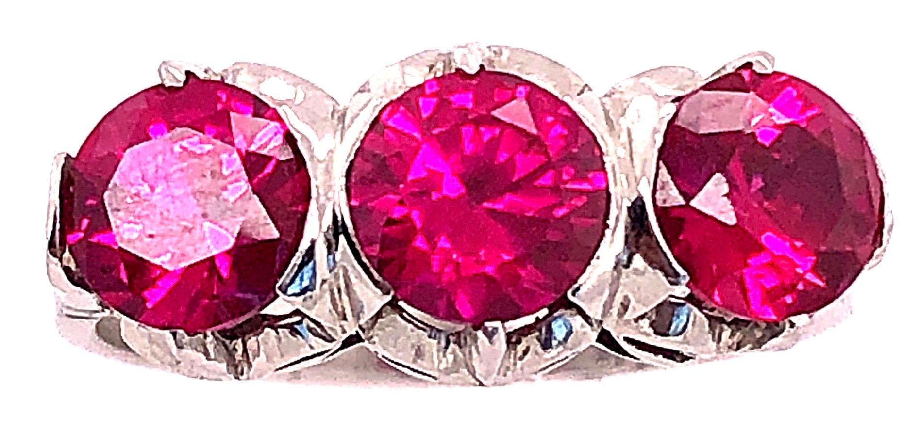 Contemporary 14 Karat White Gold Three-Stone Ruby Ring Stamped Schiller