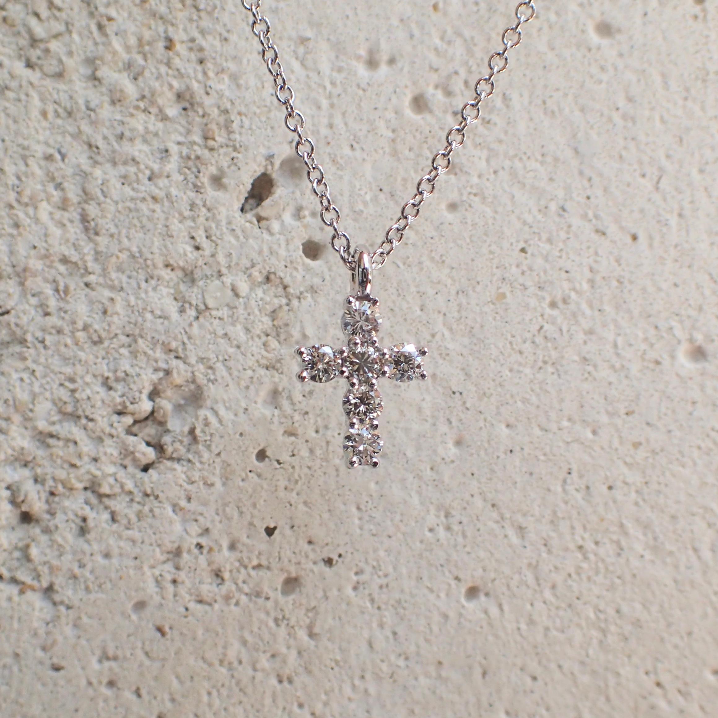 Contemporary 14 Karat White Gold Tiny Cross with 0.30 Carat of Diamond on Cable Chain