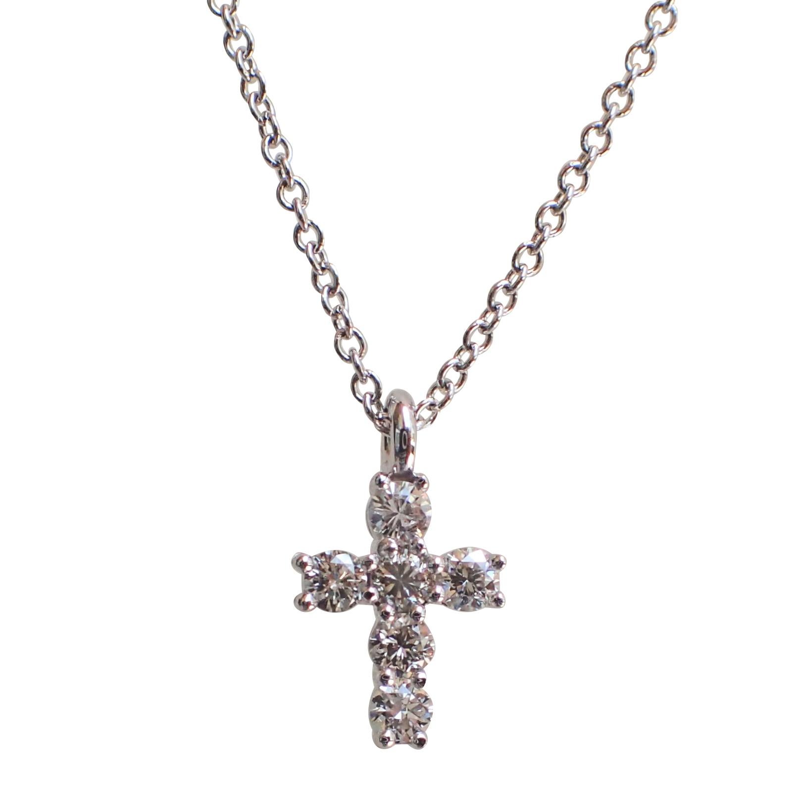 14 Karat White Gold Tiny Cross with 0.30 Carat of Diamond on Cable Chain