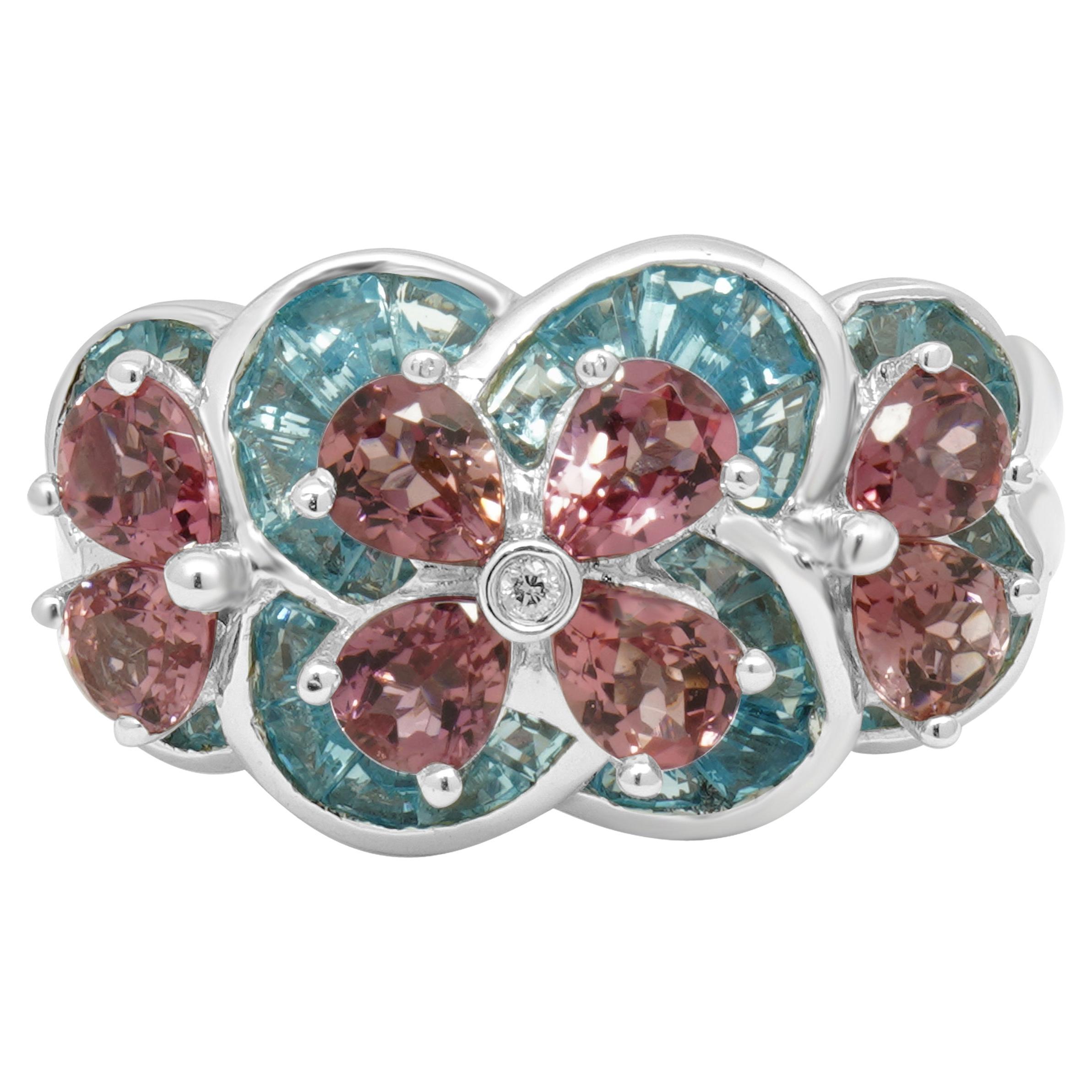 14 Karat Weißgold Topas, Turmalin und Diamantring im Angebot