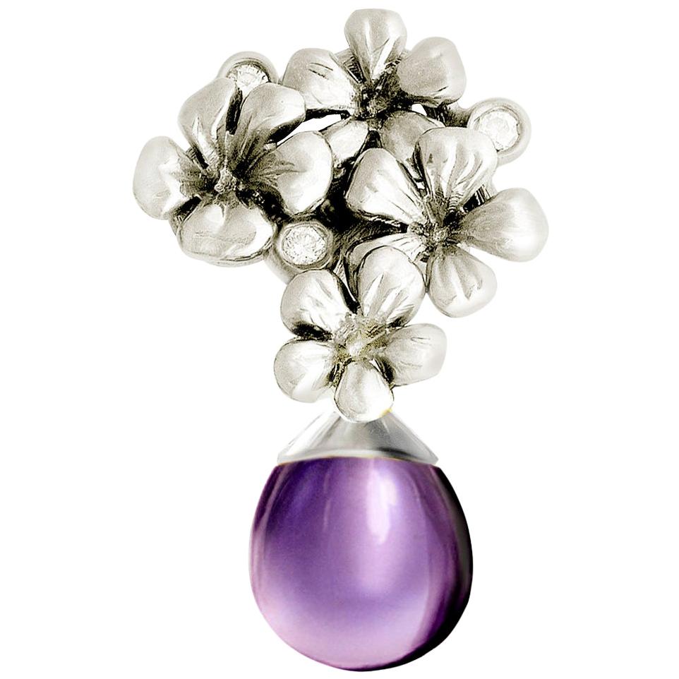 Fourteen Karat White Gold Transformer Modern Plum Blossom Brooch with Diamonds For Sale