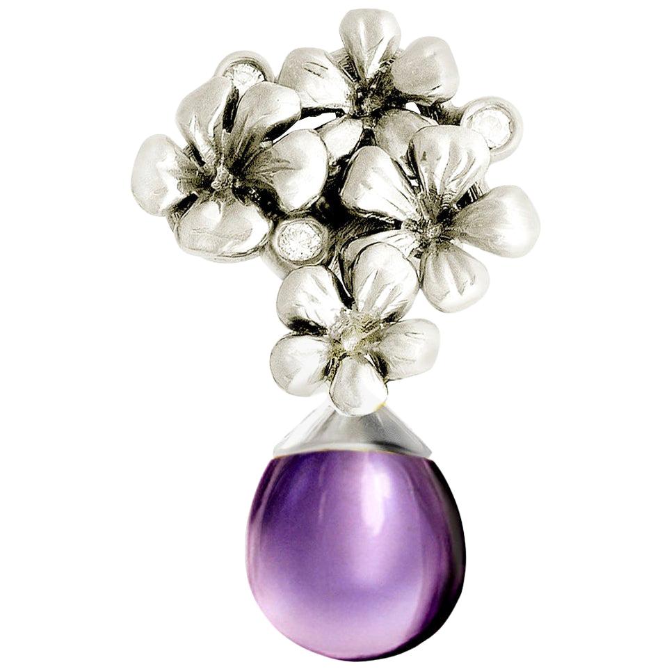 White Gold Plum Blossom Drop Pendant Necklace with Diamonds and Amethyst