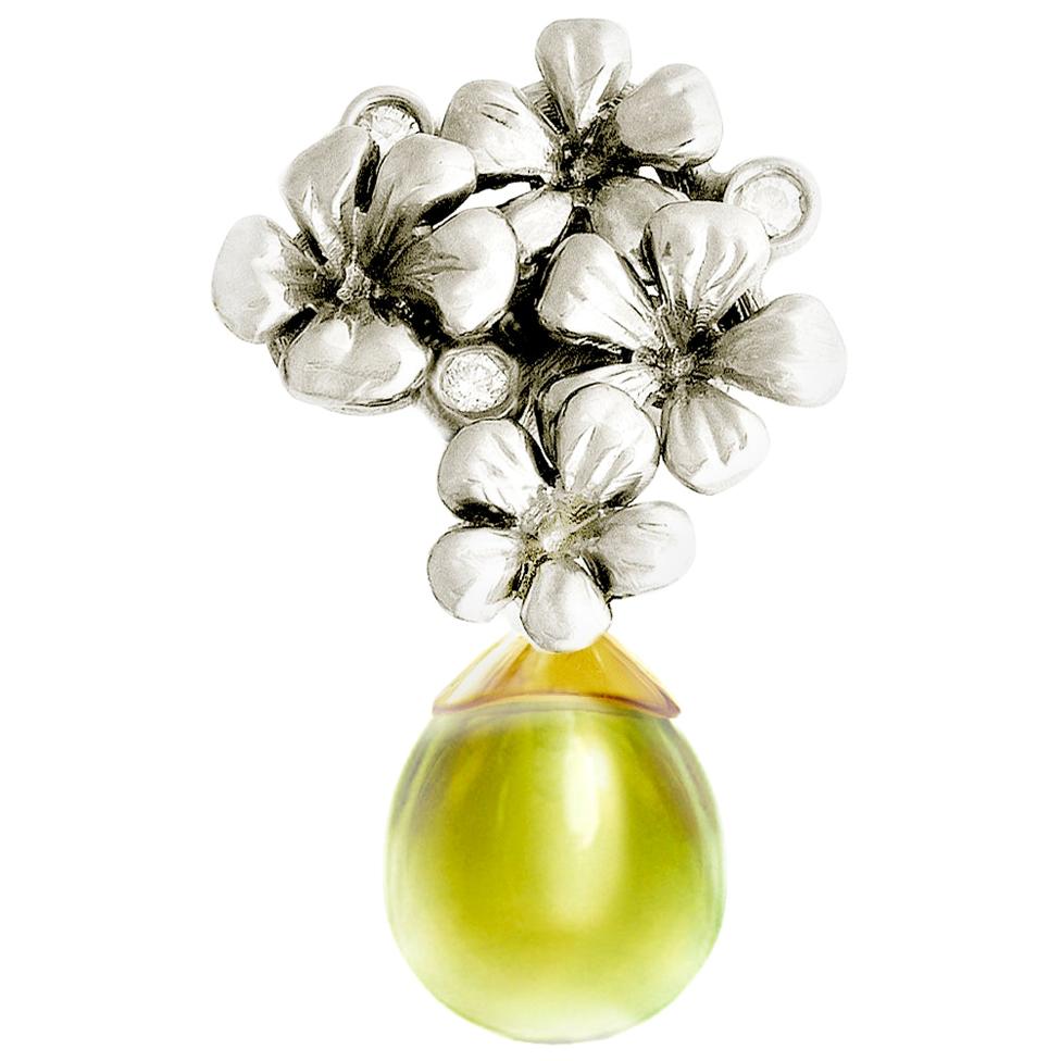 Two-tone Gold Plum Flowers Drop Brooch with Diamonds in White and Yellow Gold For Sale