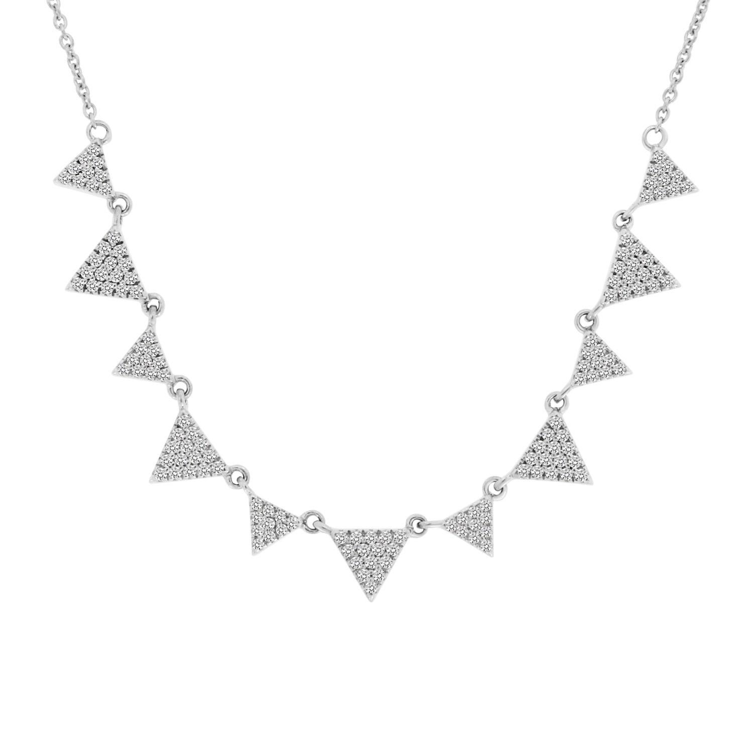 This elegant necklace features 135 brilliants diamond micro-prong set in 11 Triangle-shaped pendants alternating in sizes linked to each other via delicate loops. Experience The Difference in Person!

Product details: 

Center Gemstone Type: NATURAL