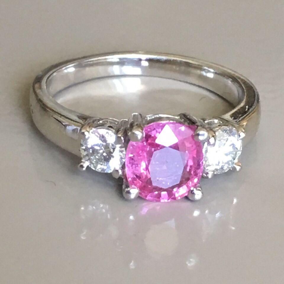 Modernist 14 Karat White Gold Trio Pink Sapphire and Diamond Engagement Ring For Sale