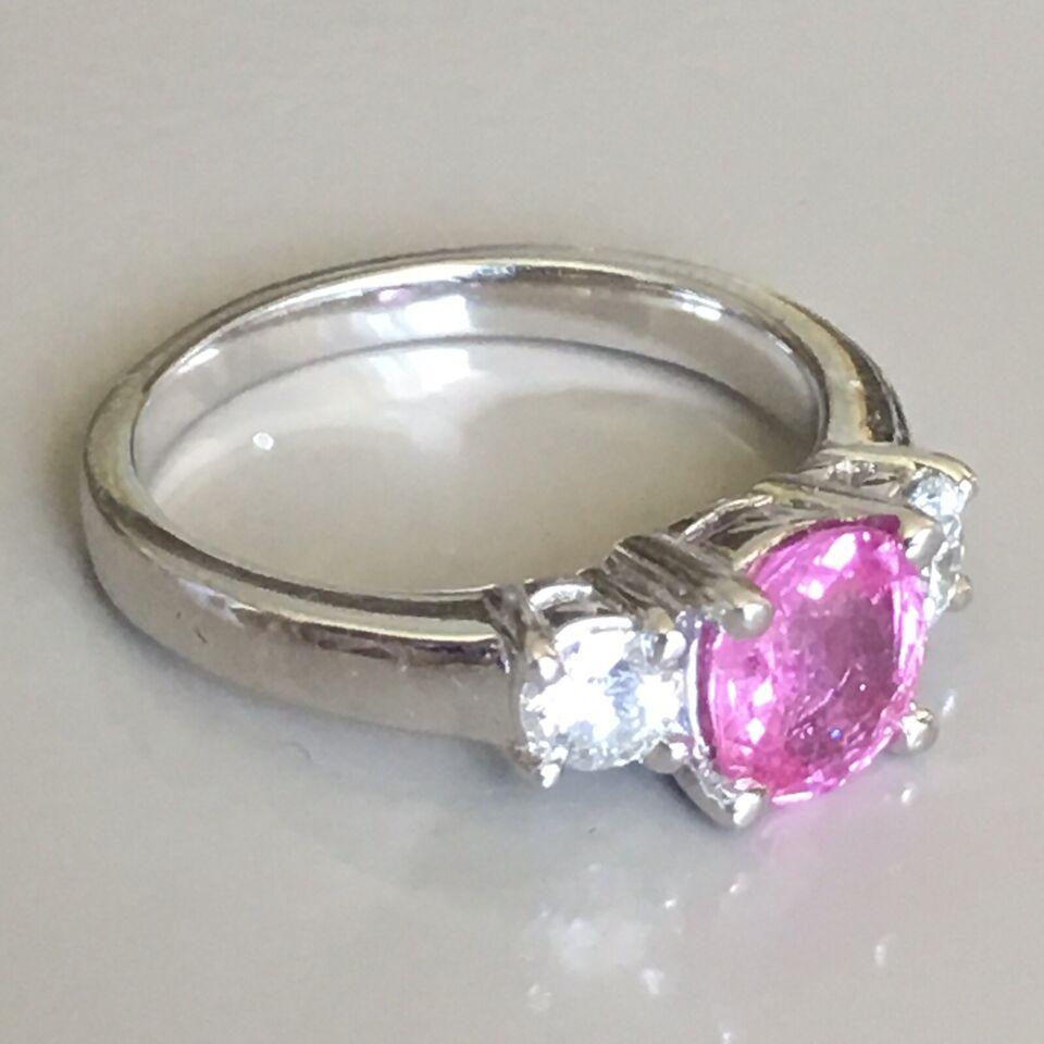 Round Cut 14 Karat White Gold Trio Pink Sapphire and Diamond Engagement Ring For Sale
