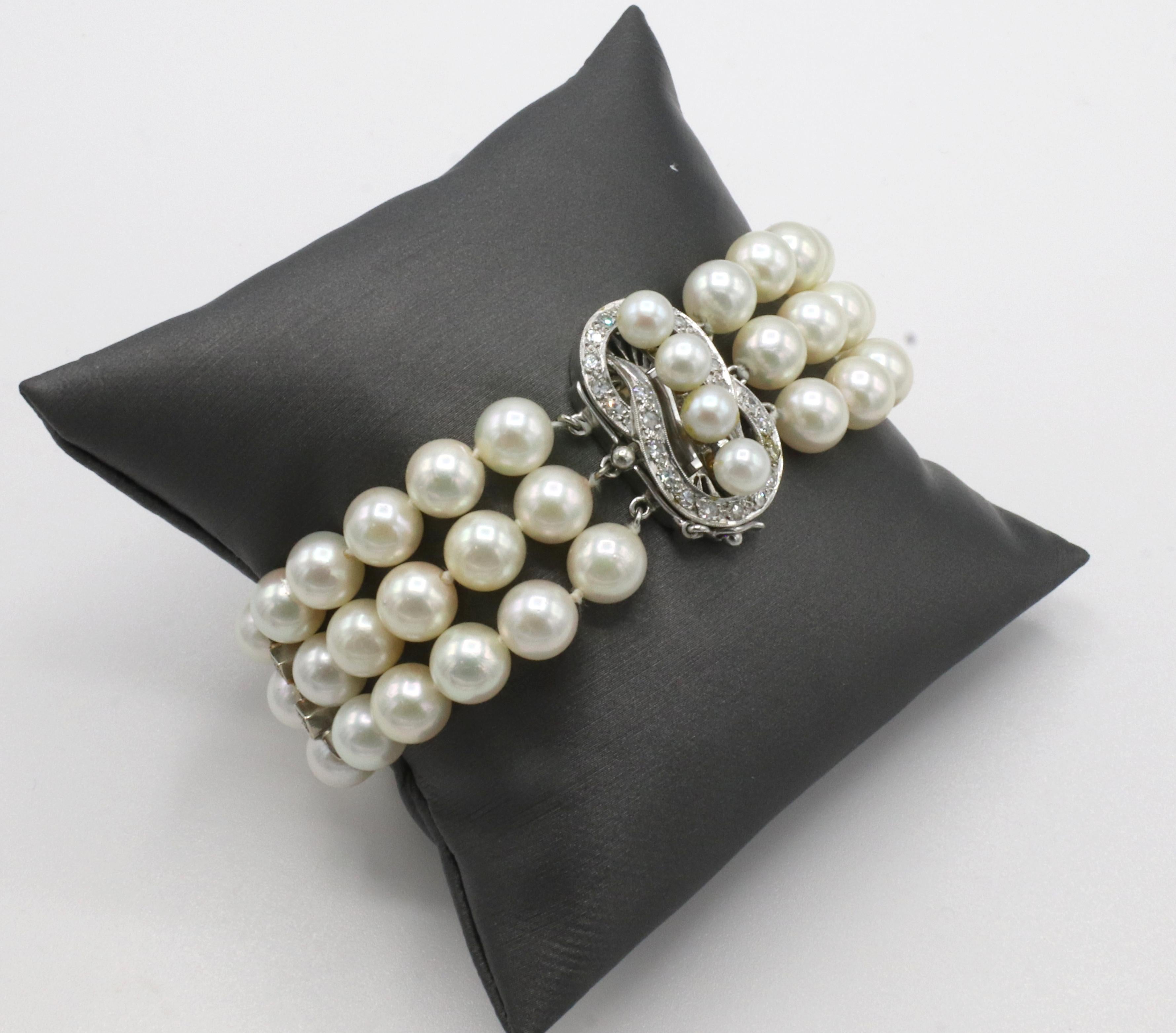 Retro 14 Karat White Gold Triple Strand Pearl & Diamond Bracelet