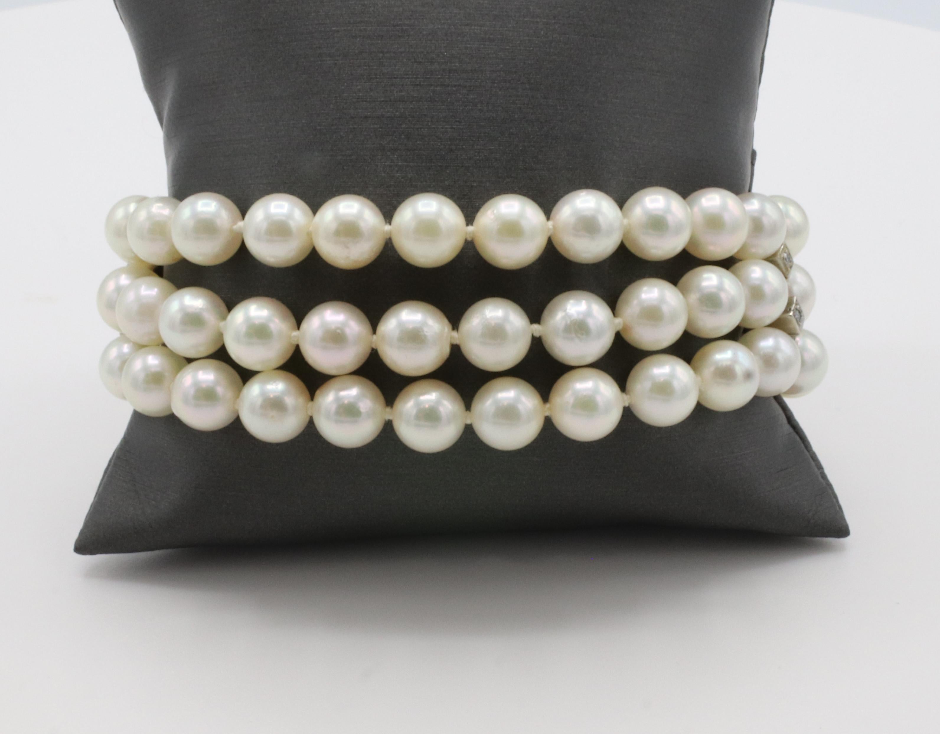 14 Karat White Gold Triple Strand Pearl & Diamond Bracelet In Good Condition In  Baltimore, MD