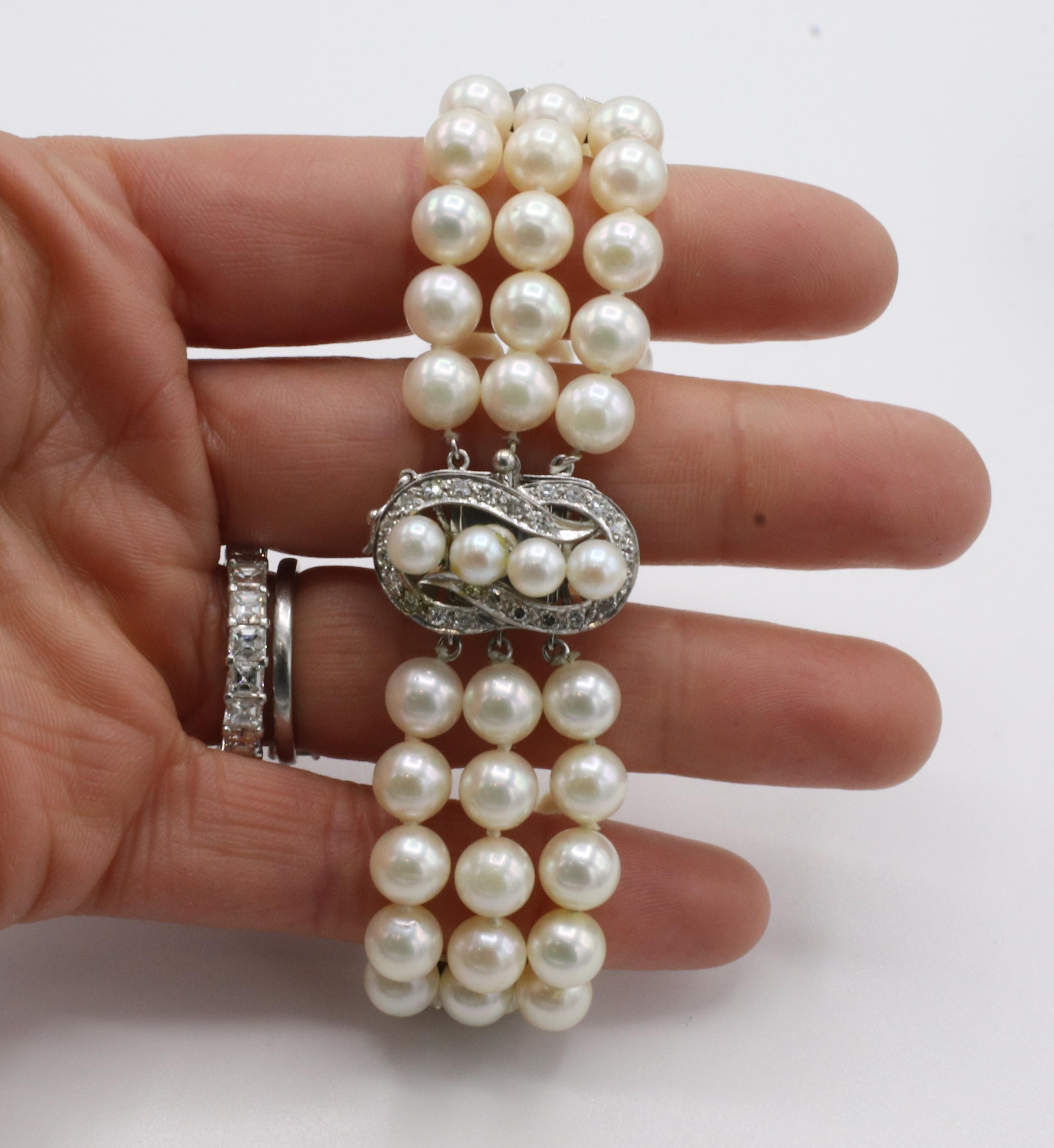 14 Karat White Gold Triple Strand Pearl & Diamond Bracelet 2