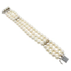 Vintage 14 Karat White Gold Triple Strand Pearl & Diamond Bracelet