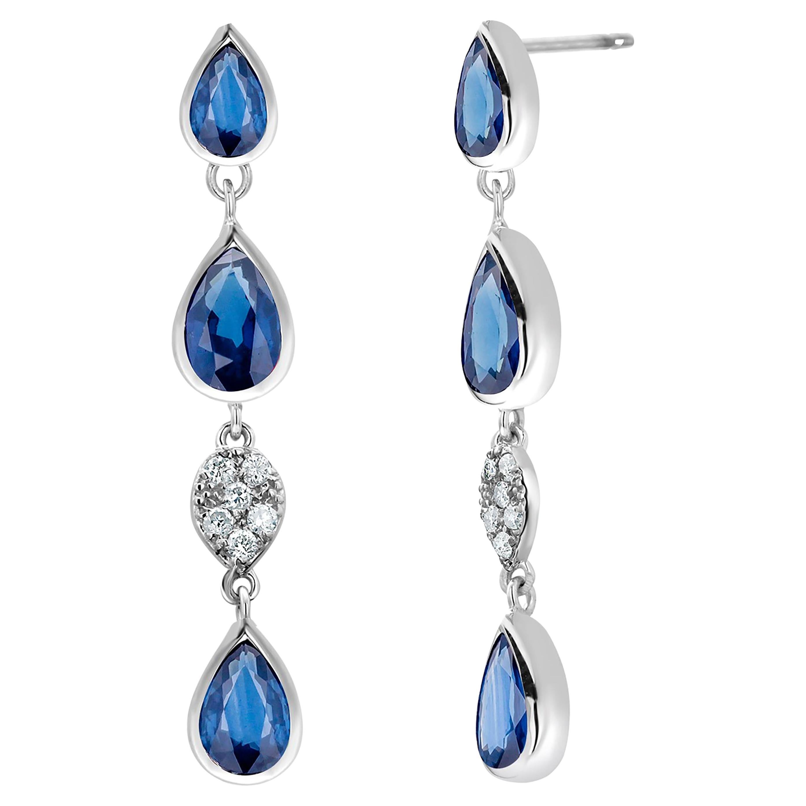 14 Karat White Gold Triple Tiered Sapphire and Diamond Hanging Drop Earrings