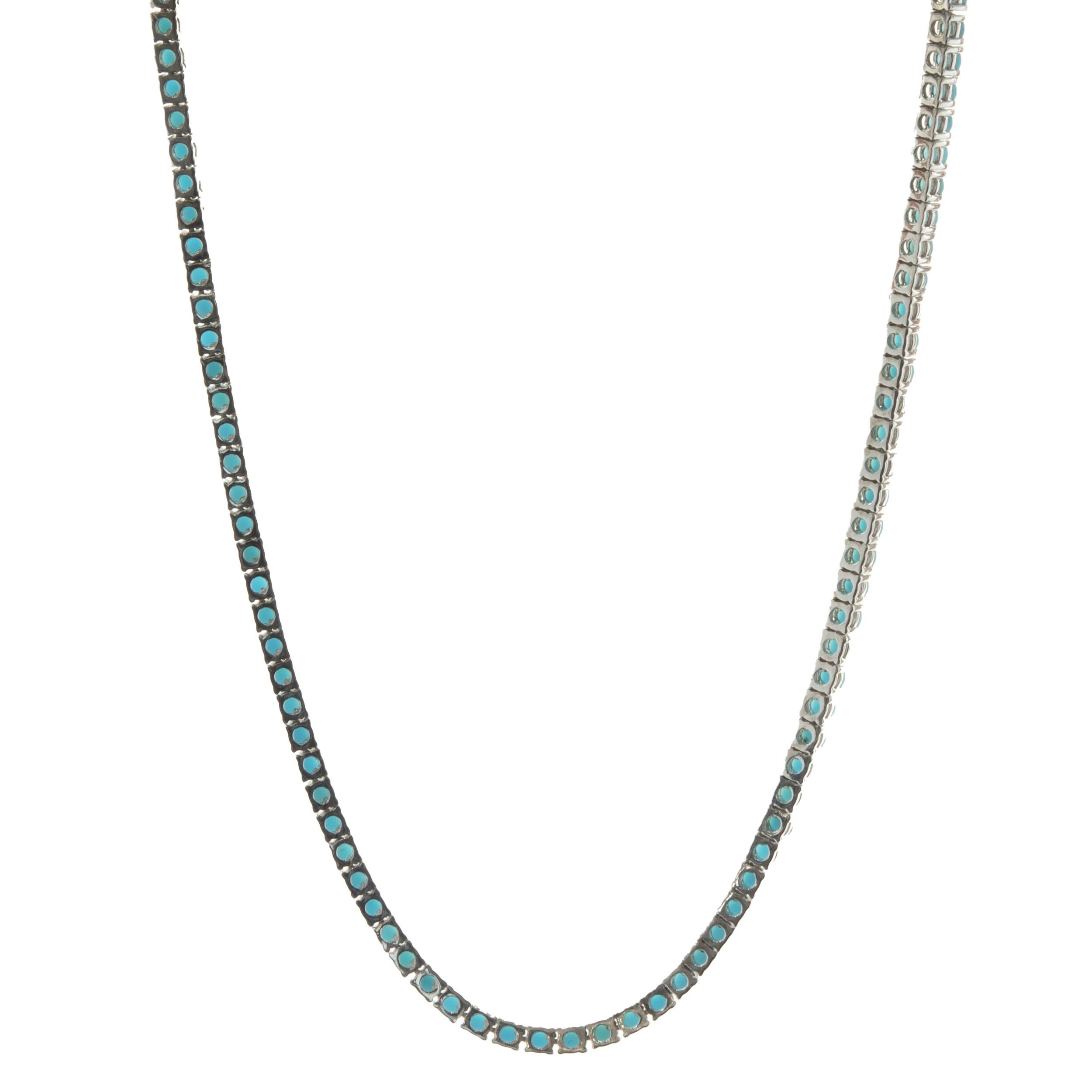 Designer: custom
Material: 14K white gold
Turquoise: 5.30cttw
Dimensions: necklace adjust from 18-inches
Weight: 9.55 grams