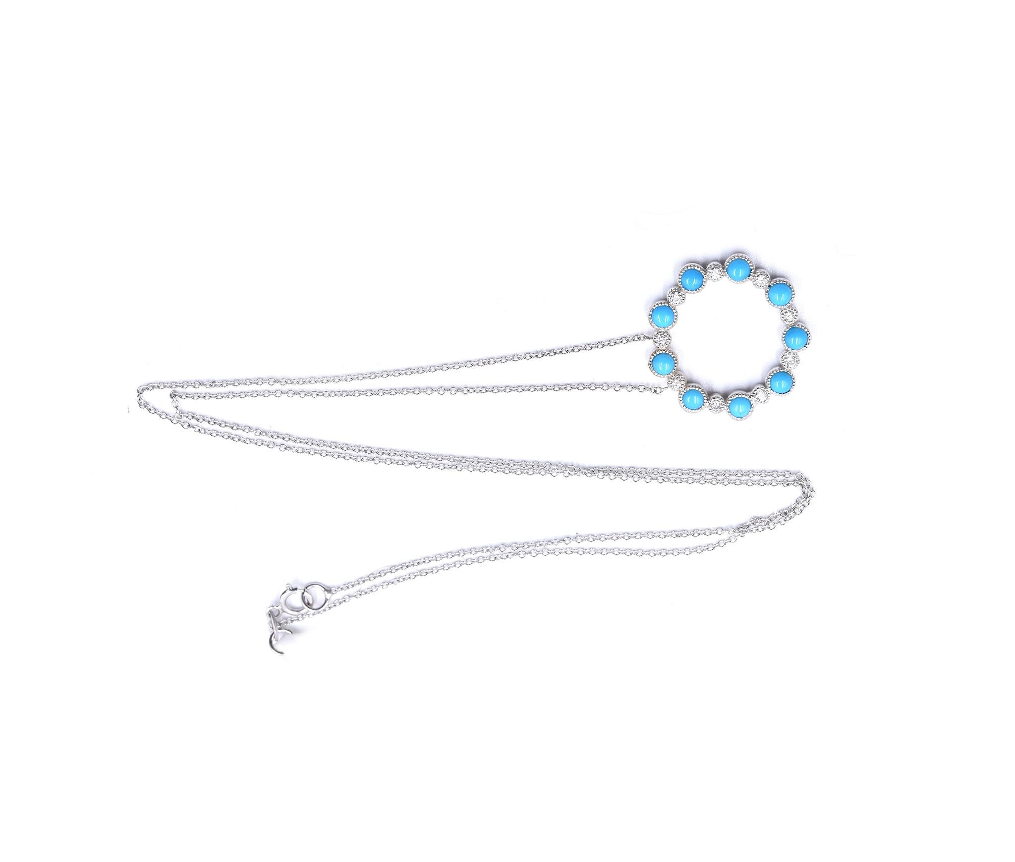 Round Cut 14 Karat White Gold Turquoise and Diamond Circle Necklace For Sale