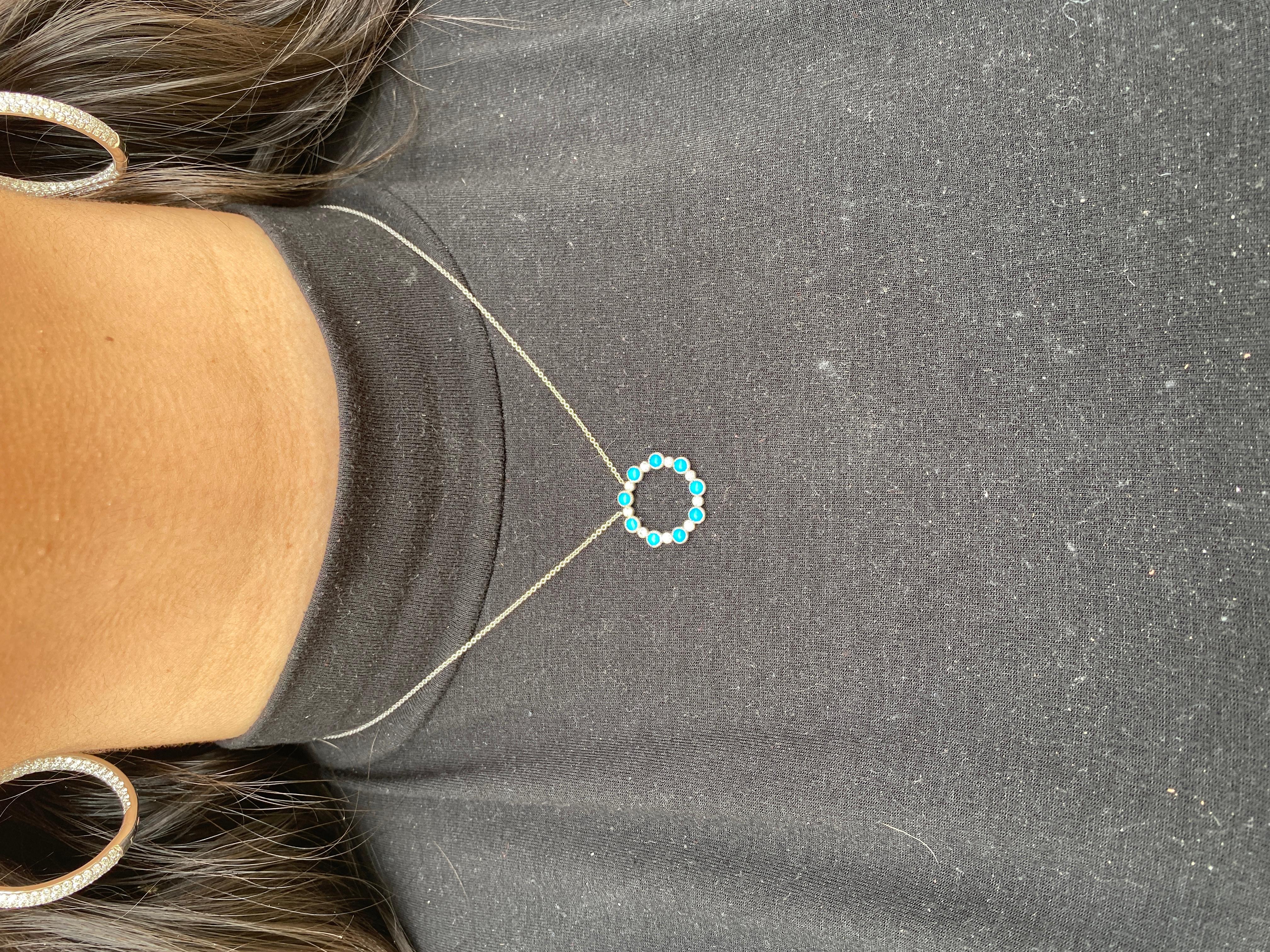 14 Karat White Gold Turquoise and Diamond Circle Necklace In Excellent Condition For Sale In Scottsdale, AZ