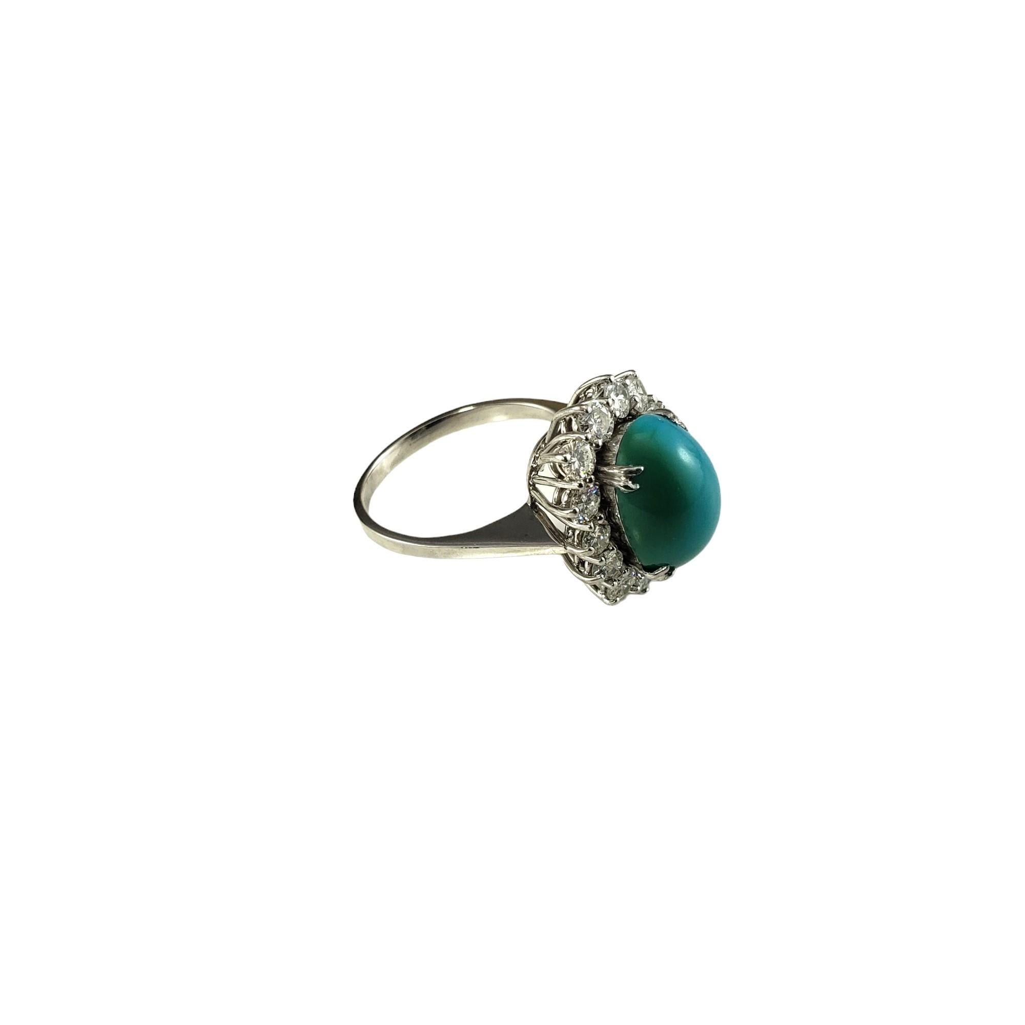 Vintage 14K White Gold Turquoise and Diamond Ring Size 7-

This stunning ring features one oval turquoise stone (12.5 mm x 9 mm) and 14 round brilliant cut diamonds set in classic 14K white gold.  

Top of ring measures 18 mm x 14 mm.

Shank