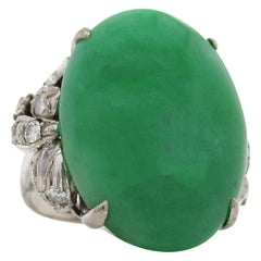 14 Karat White Gold Untreated Cabochon Jade and 0.5 Carat Diamond Ring