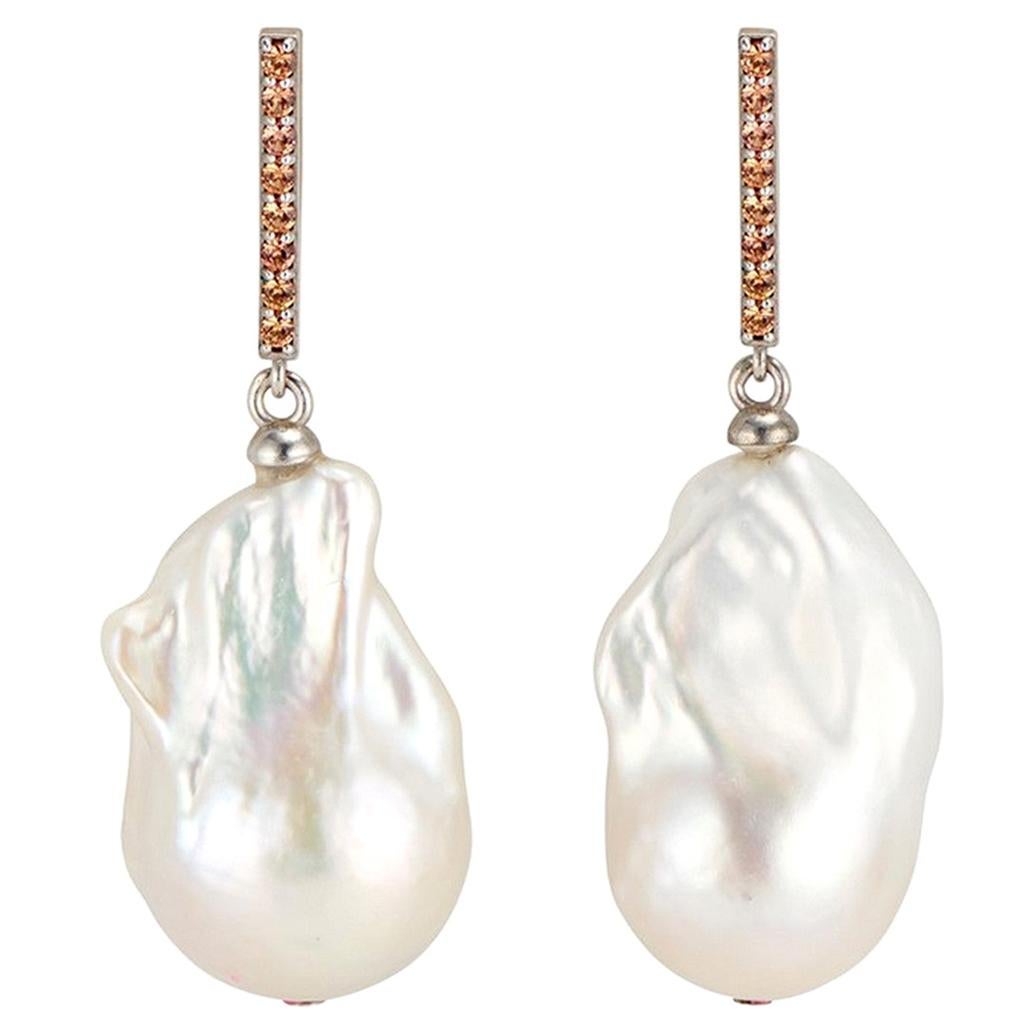 14 Karat White Gold Vertical Bar Orange Sapphire and Baroque Pearl Earrings