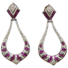 14 Karat White Gold Victorian Style Ruby and Diamond Drop Earrings