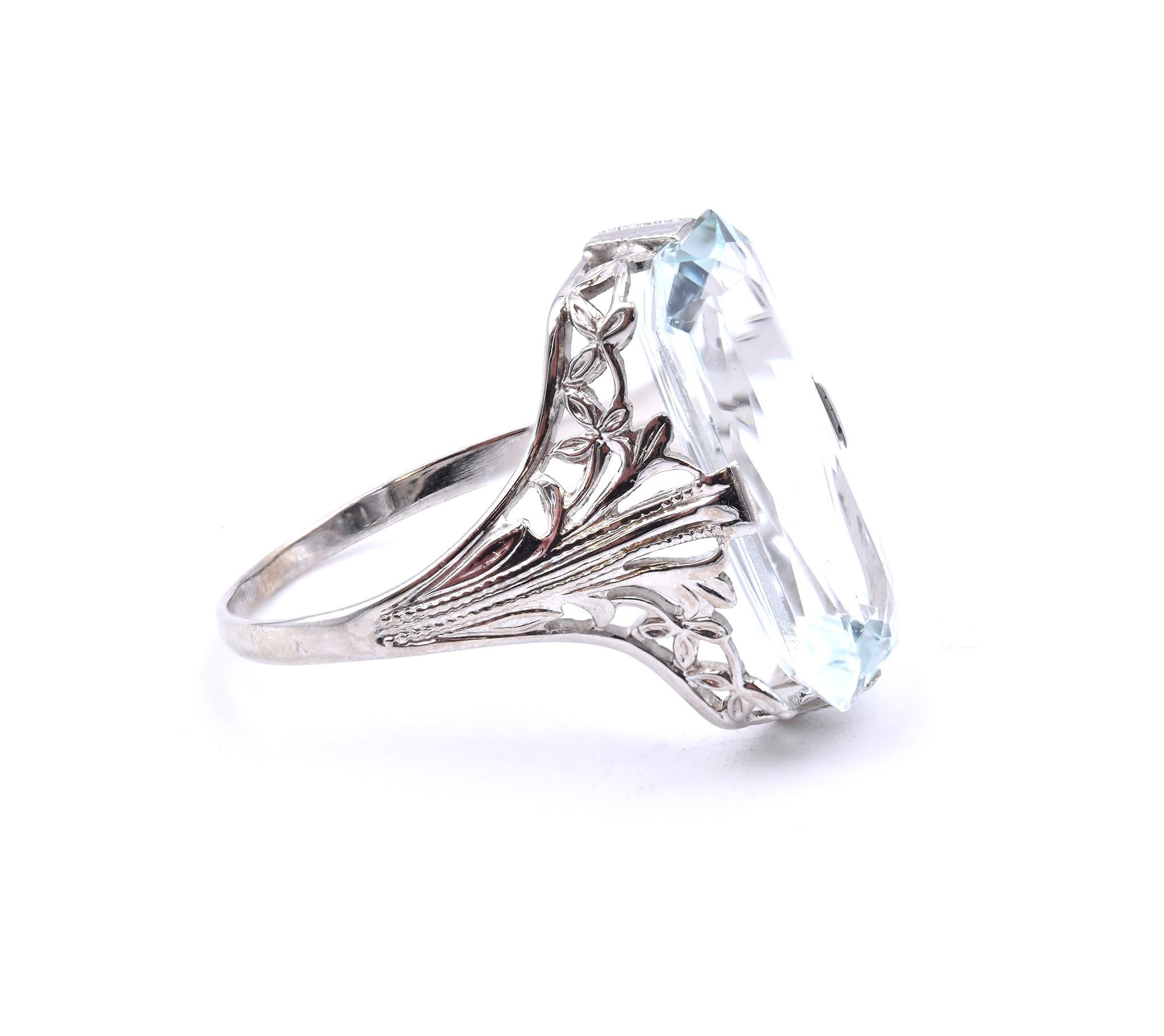Designer: custom
Material: 14K white gold 
Aquamarine: 1 rectangular cushion cut = 3.23ct 
Ring Size: 6.25 (please allow up to 2 additional business days for sizing requests)
Dimensions: ring shank measures 1.45mm
Weight:  2.29 grams