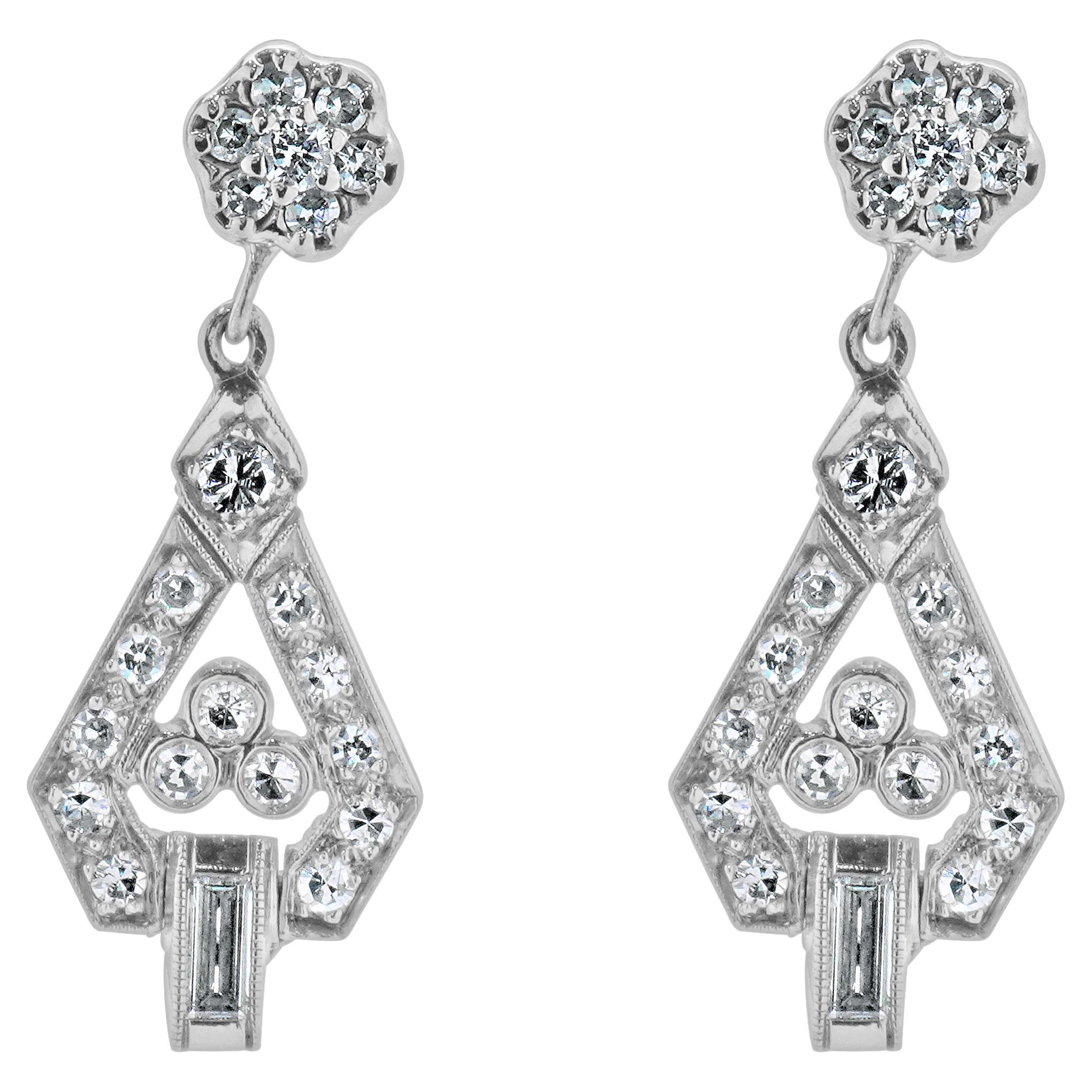 14 Karat White Gold Vintage Art Deco Diamond Drop Earrings