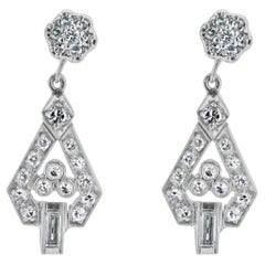 Pendants d'oreilles Art déco vintage en or blanc 14 carats avec diamants