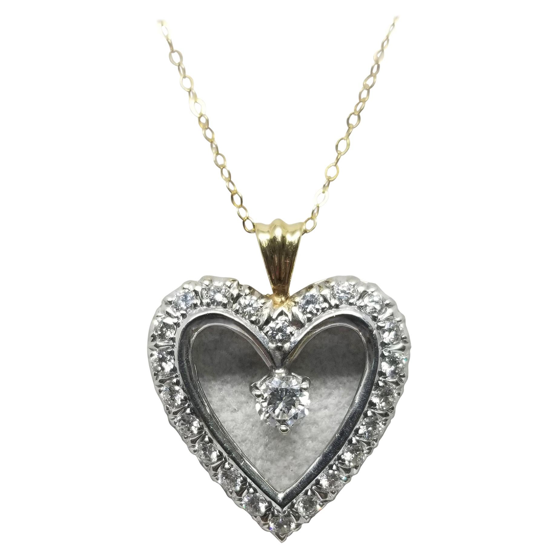 14 Karat White Gold Vintage Art Deco Style Diamond Heart Pendant
