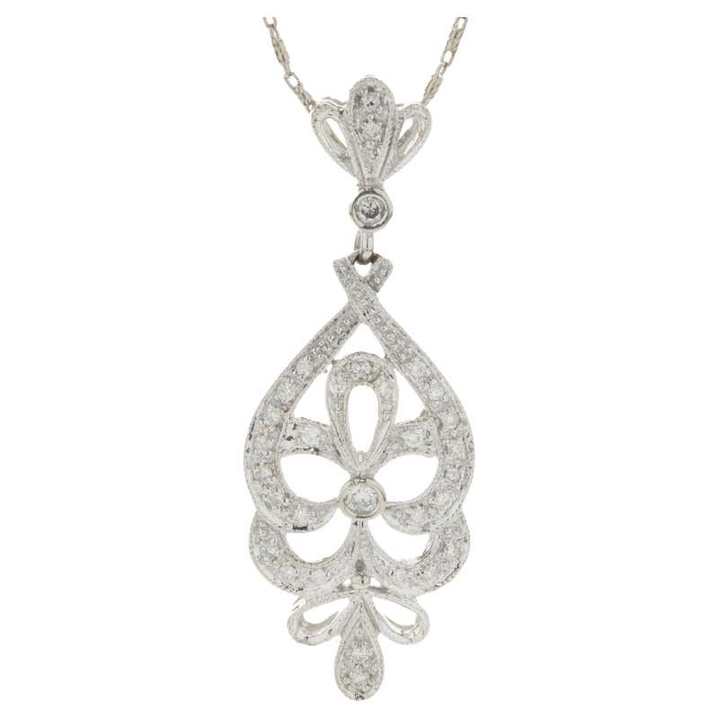 Antique Deco Rock Crystal Diamond Necklace Vintage 14 Karat White Gold ...