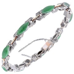 14 Karat White Gold Vintage Art Deco Jade and Diamond Bracelet