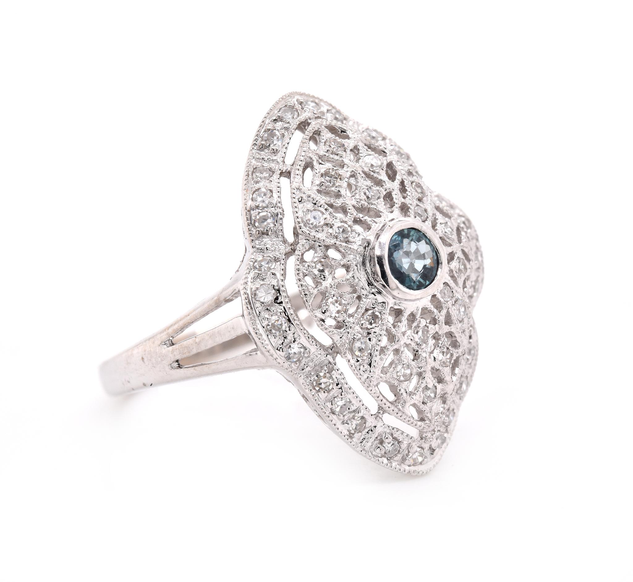 Designer: custom
Material: 14K white gold 
Alexandrite: 1 round cut = .13ct
Diamond: 48 round cut = .25cttw
Color: G
Clarity: VS
Ring Size: 6.25 (please allow up to 2 additional business days for sizing requests)
Dimensions: ring shank measures