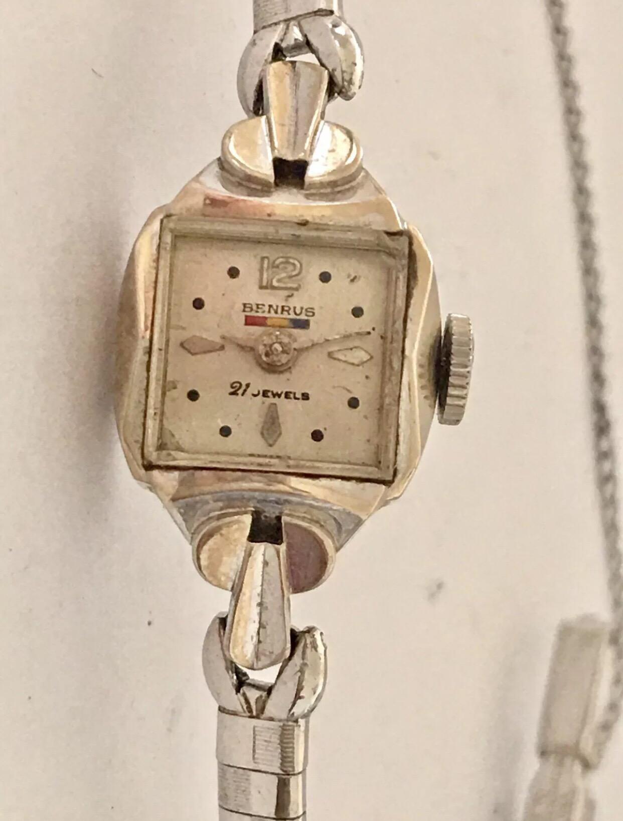 

This beautiful petite 1940's mechanical ladies cocktail watch is in good working condition and is running well. Visible signs of ageing and wear with the silvered dial is lightly worn. This watch is measured 6.5 inches around the wrist. Please