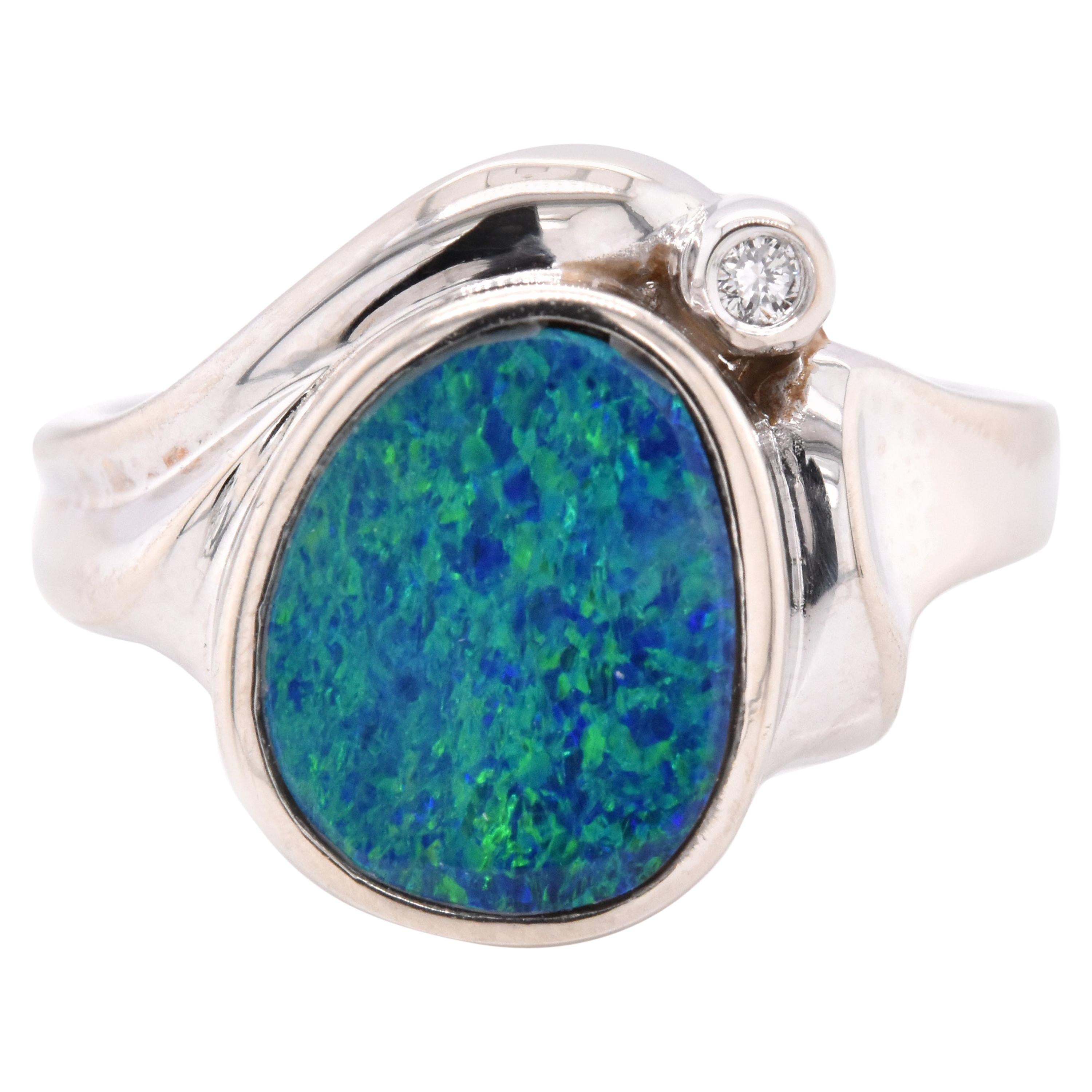 14 Karat White Gold Vintage Black Opal and Diamond Ring For Sale