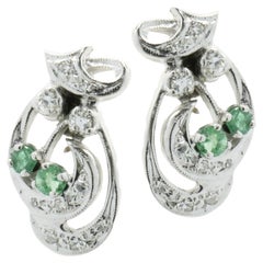 14 Karat White Gold Vintage Diamond and Emerald Bow Earrings