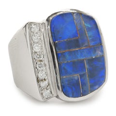 14 Karat White Gold Vintage Diamond and Opal Inlay Ring