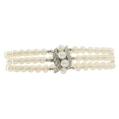 14 Karat White Gold Vintage Diamond and Triple Strand Pearl Bracelet