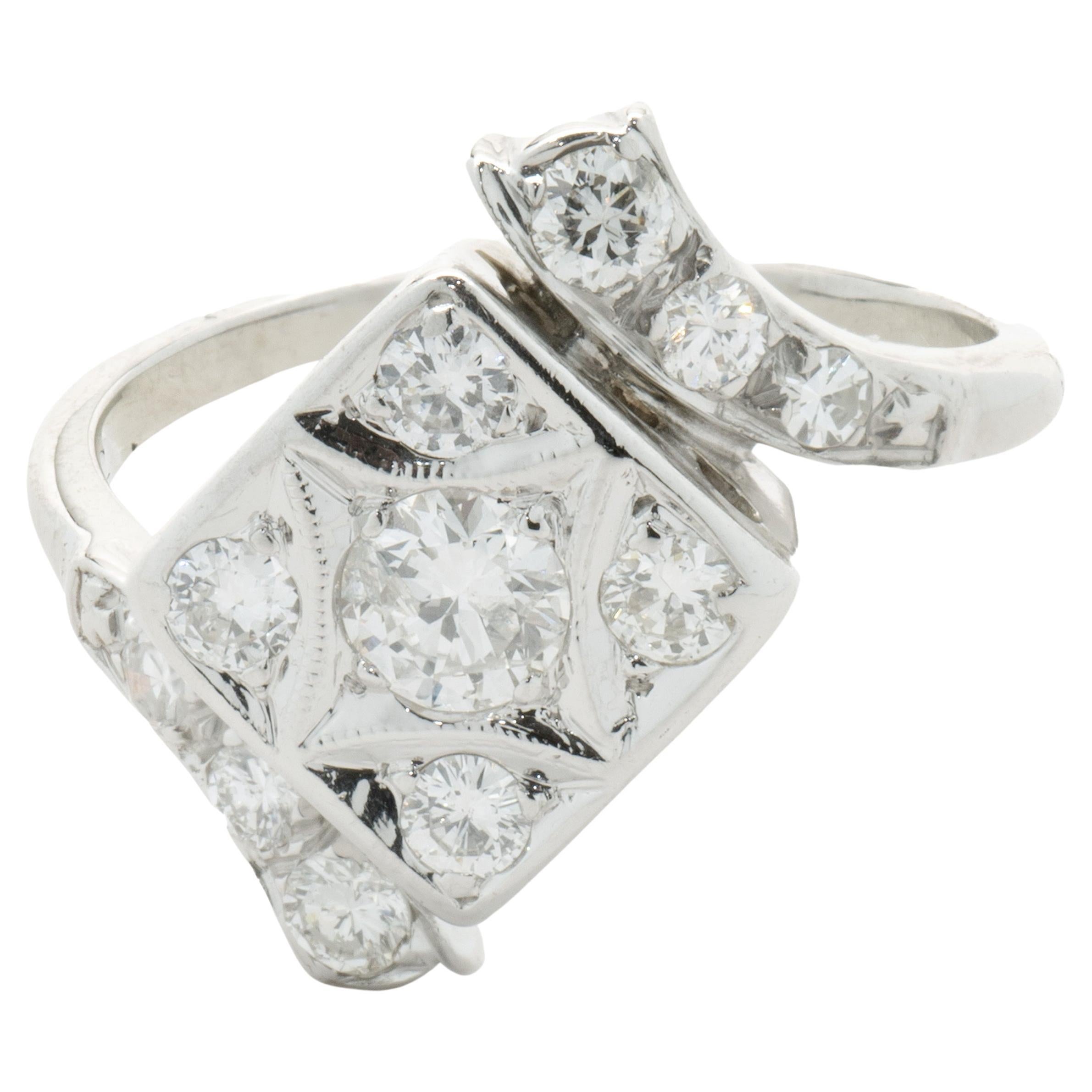 14 Karat White Gold Vintage Diamond Bypass Cluster Ring For Sale