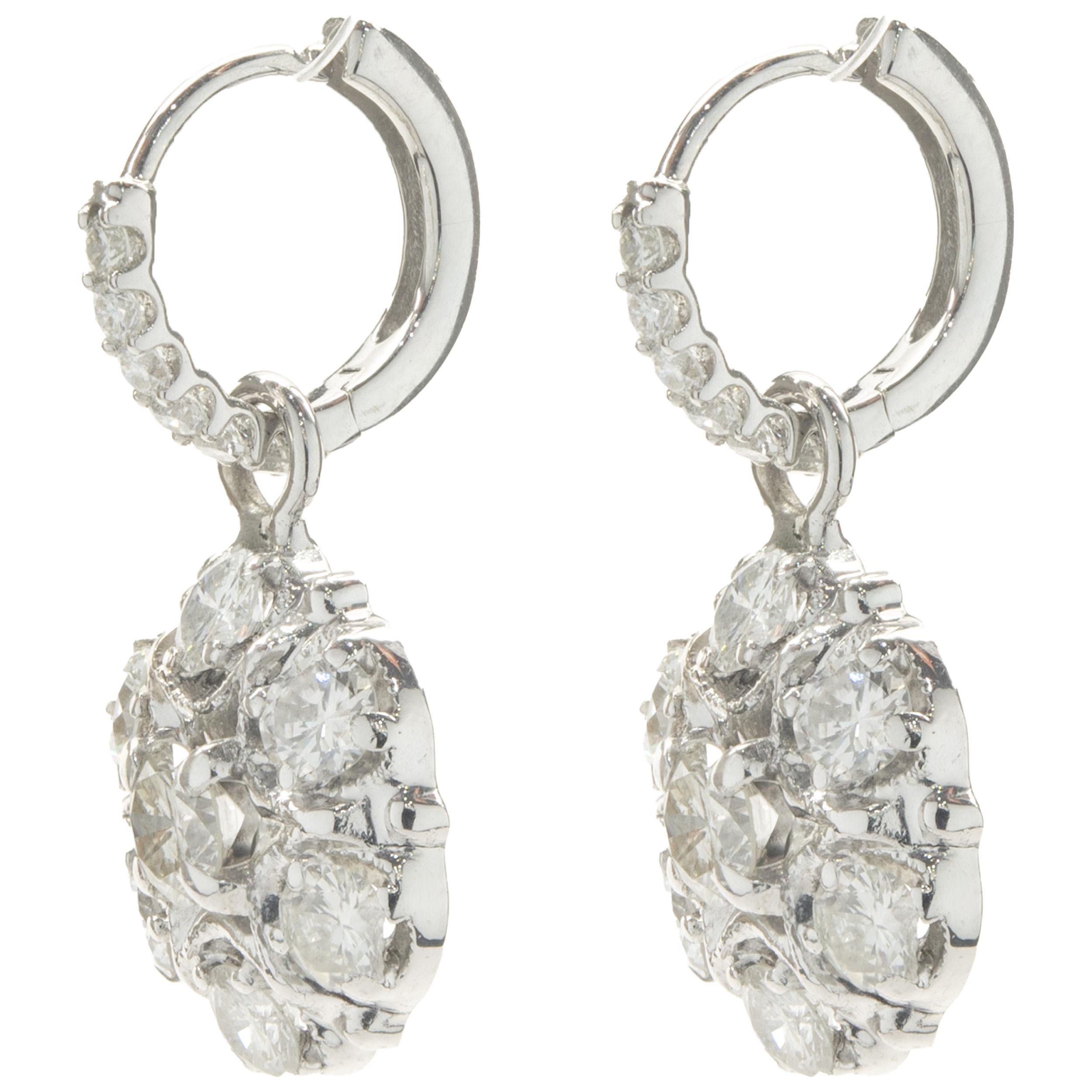 Round Cut 14 Karat White Gold Vintage Diamond Cluster Drop Earrings For Sale