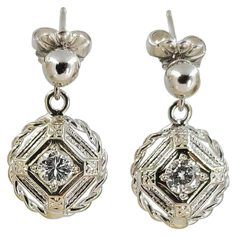 White Gold Vintage Diamond Dangle Earrings