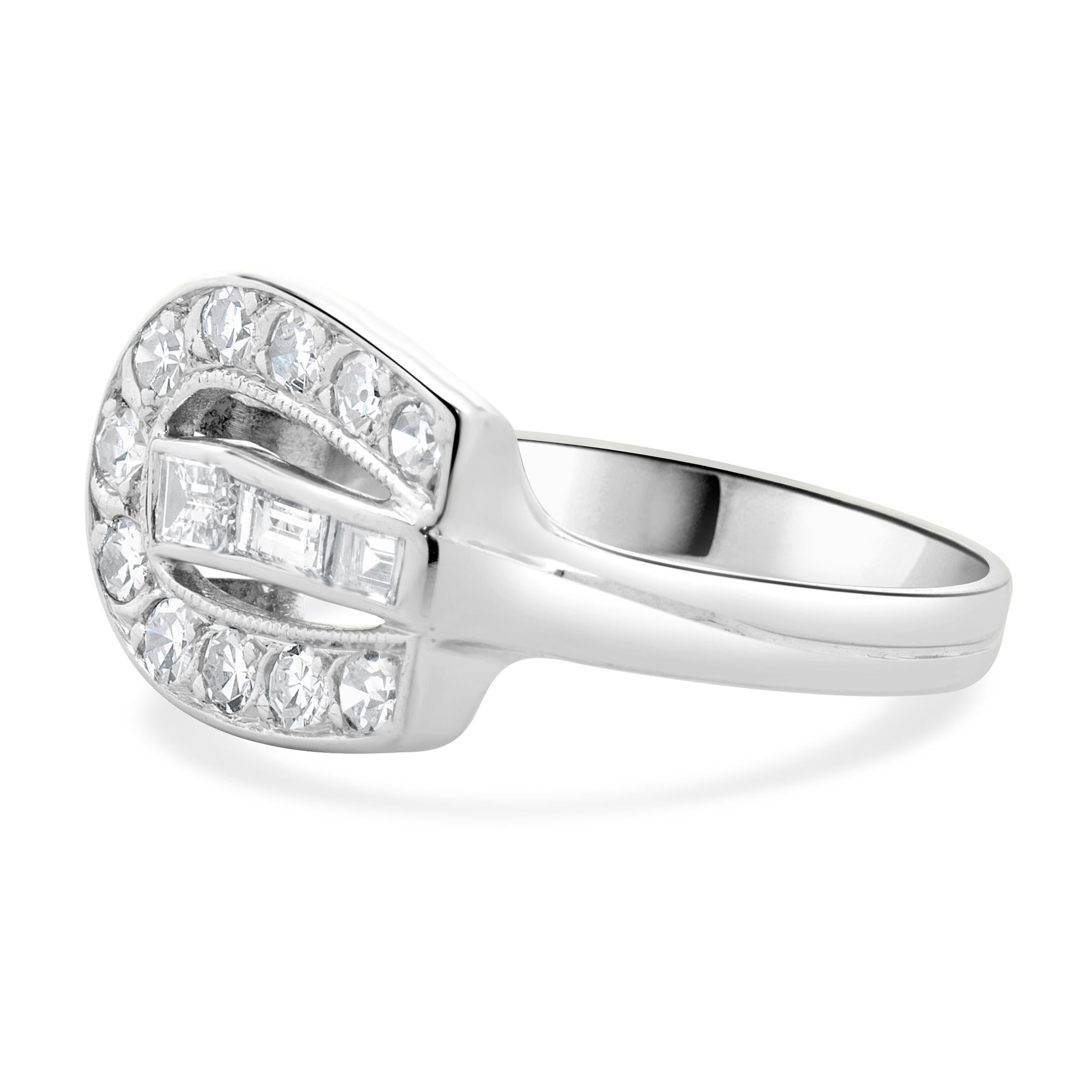 Designer: custom
Material: 14K white gold
Diamond: 12 round single cut = 0.25cttw
Color: G 
Clarity: VS2-SI1
Diamond: 3 baguette cut = 0.25cttw
Color: H
Clarity: VS2
Size: 4.5 sizing available 
Weight: 2.45 grams
