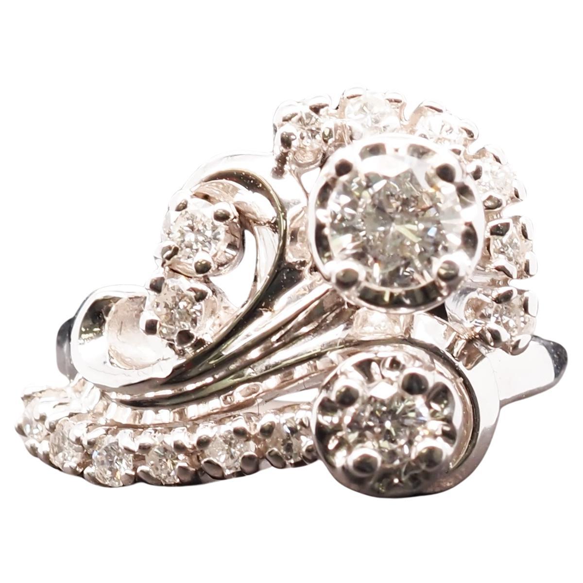 14 Karat White Gold Vintage Diamond Swirls Ring For Sale