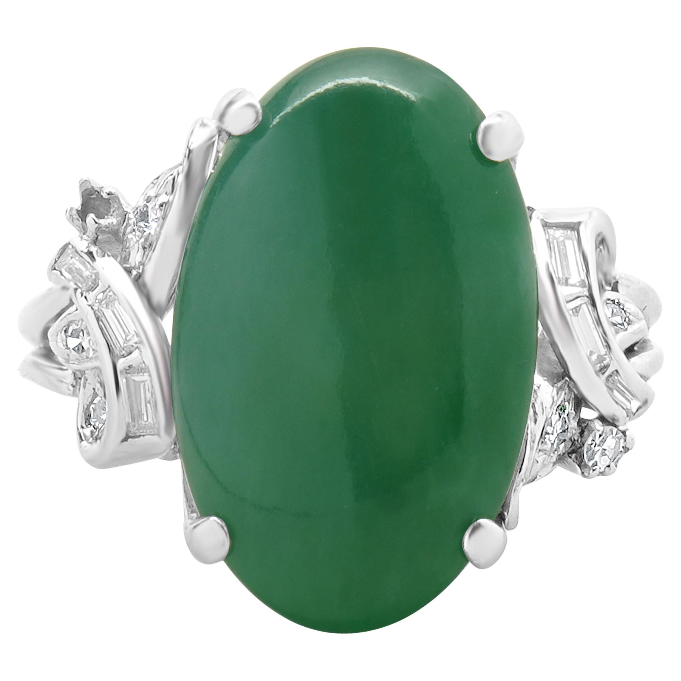 14 Karat White Gold Vintage Jade and Diamond Ring